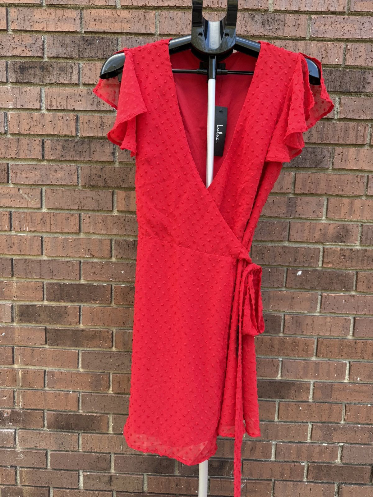 Lulus Lulus Red Swiss Dot Flutter Sleeve Wrap Mini Dress Size S / US 4 / IT 40 - 5 Thumbnail