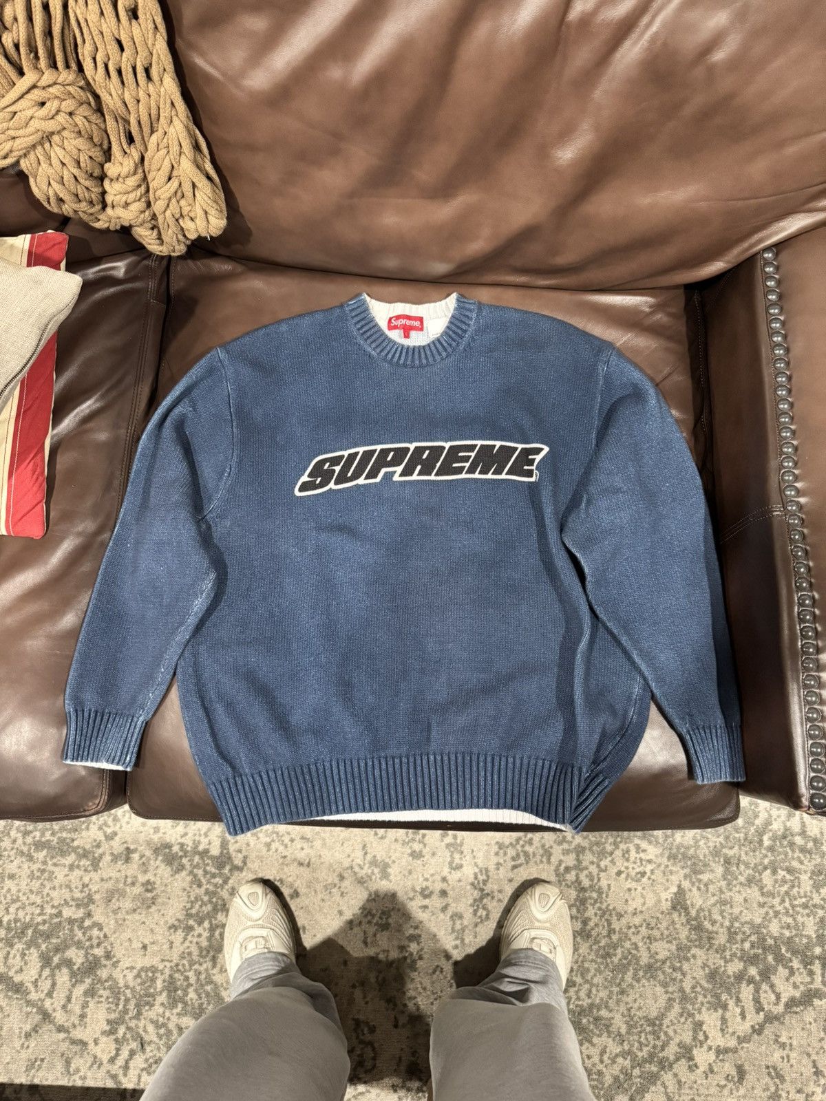 Supreme Supreme Printed Washed Sweater Navy Size L | Grailed