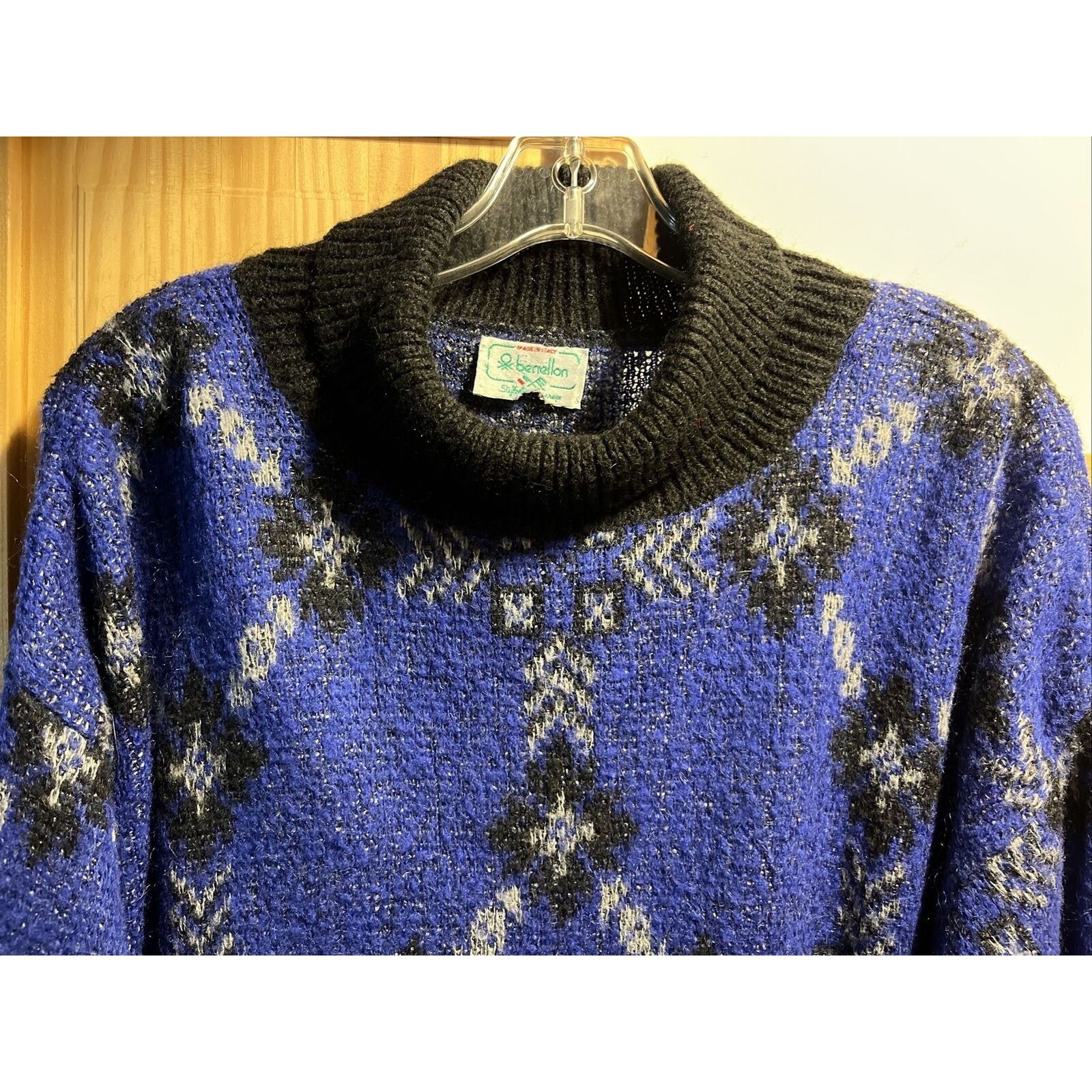 United Colors Of Benetton Benetton VTG L 46 Blue Argyle Acrylic Mohair Nylon Sweater Size L / US 10 / IT 46 - 5 Thumbnail