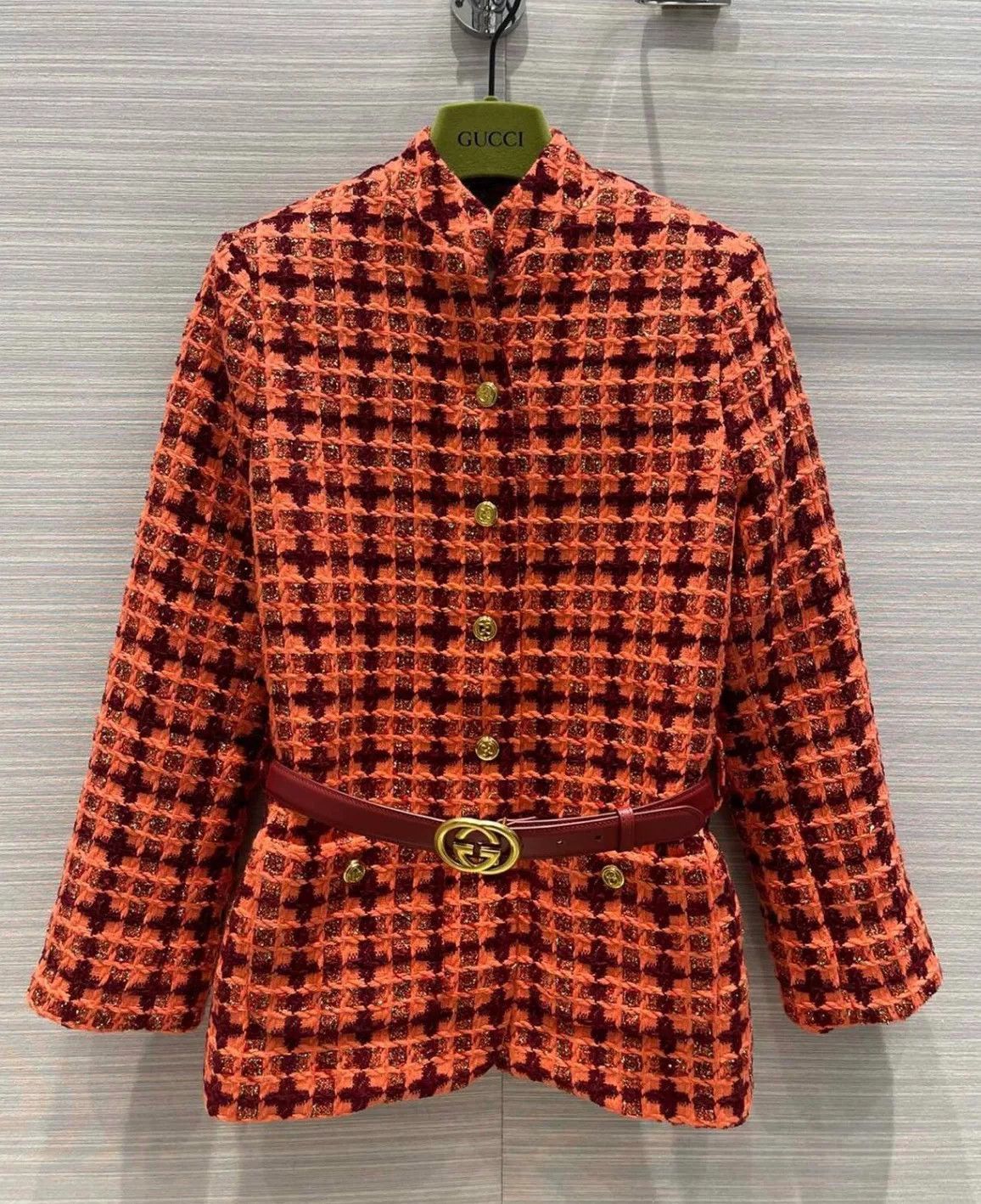 Gucci Gucci Orange Houndstooth Stand Collar Tweed Jacket Size S / US 4 / IT 40 - 1 Thumbnail