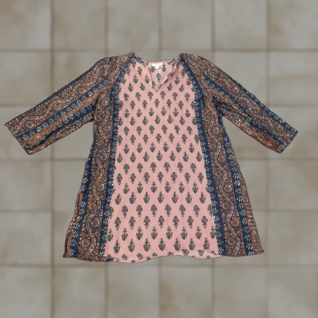 J. Jill J. Jill Blouse Shirt Tunic Pink Geometric V-Neck Cap Sleeve Slit Casual Womens S Regular Cotton Rayon Pullover No N/A Size S / US 4 / IT 40 - 1 Thumbnail