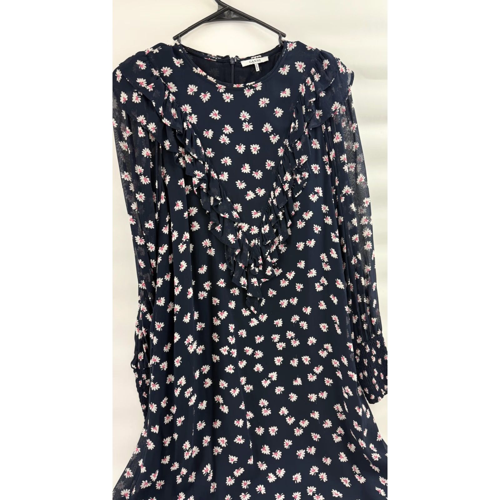 Ganni Ganni Dress Womens 34 Navy Blue Ruffle Georgette Daisy Floral Long Sleeve Mini Size XXS / US 00 / IT 34 - 5 Thumbnail