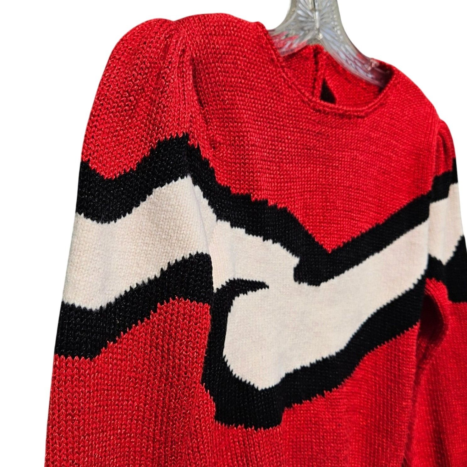 Vintage Vintage 80s Red Black Ivory Wave Knit Puff Shoulder Sweater Size S / US 4 / IT 40 - 3 Thumbnail
