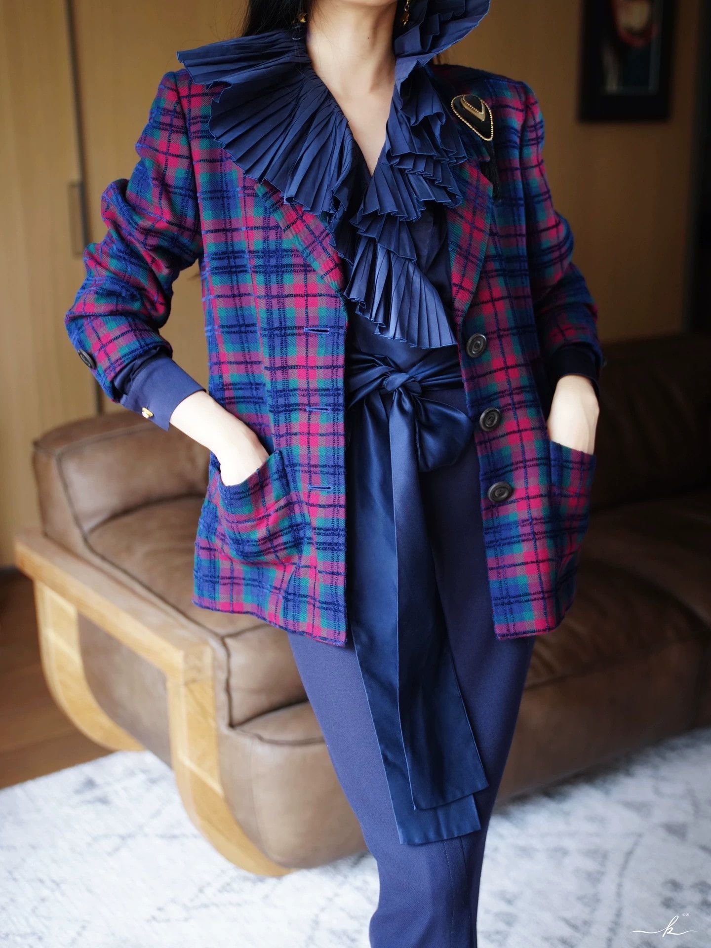 Yves Saint Laurent YSL Vintage Wool Velvet Check Oversize Blazer FR36 Size XS / US 0-2 / IT 36-38 - 8 Thumbnail