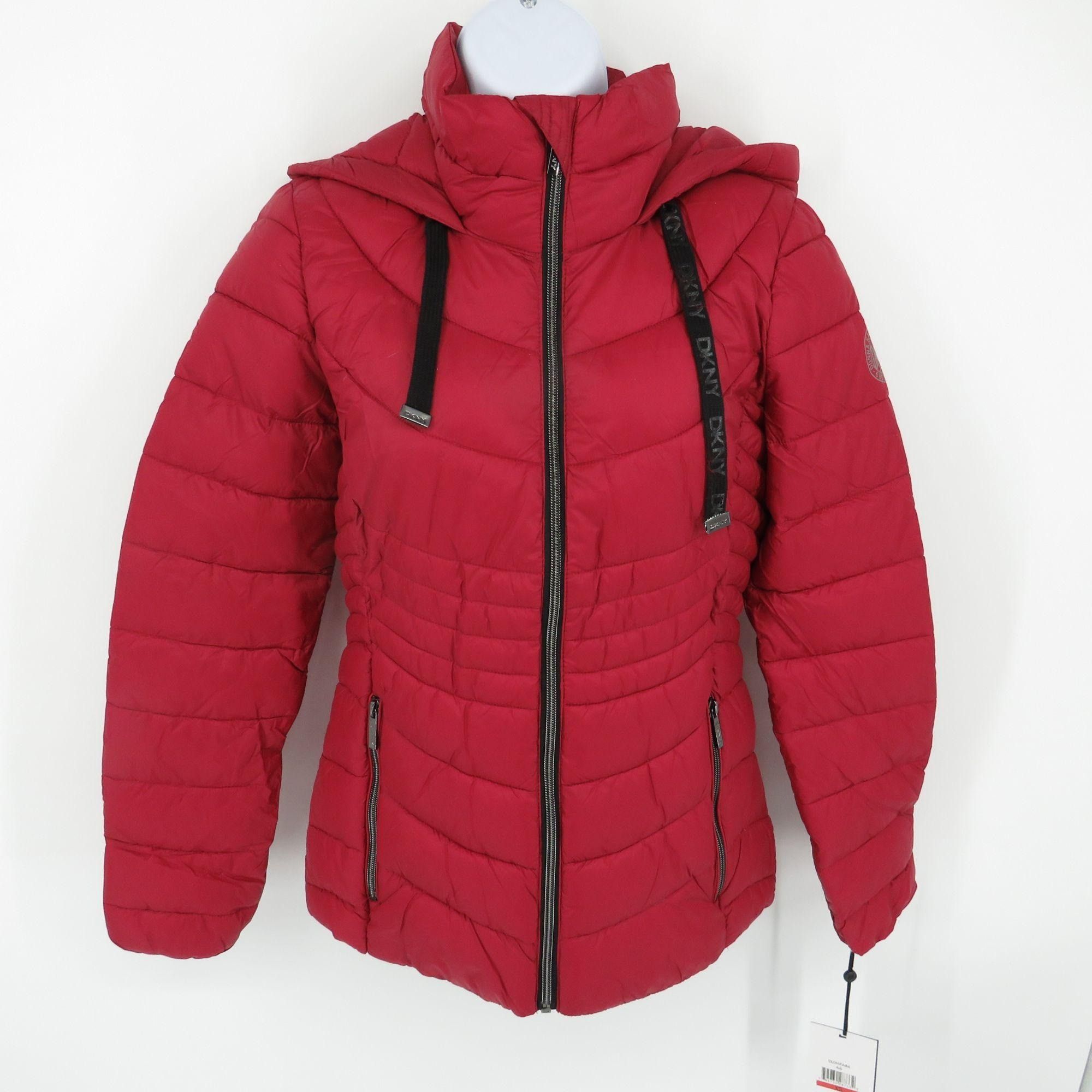 DKNY Women's Red Hooded Packable Zip Front Jacket XS NWT $1