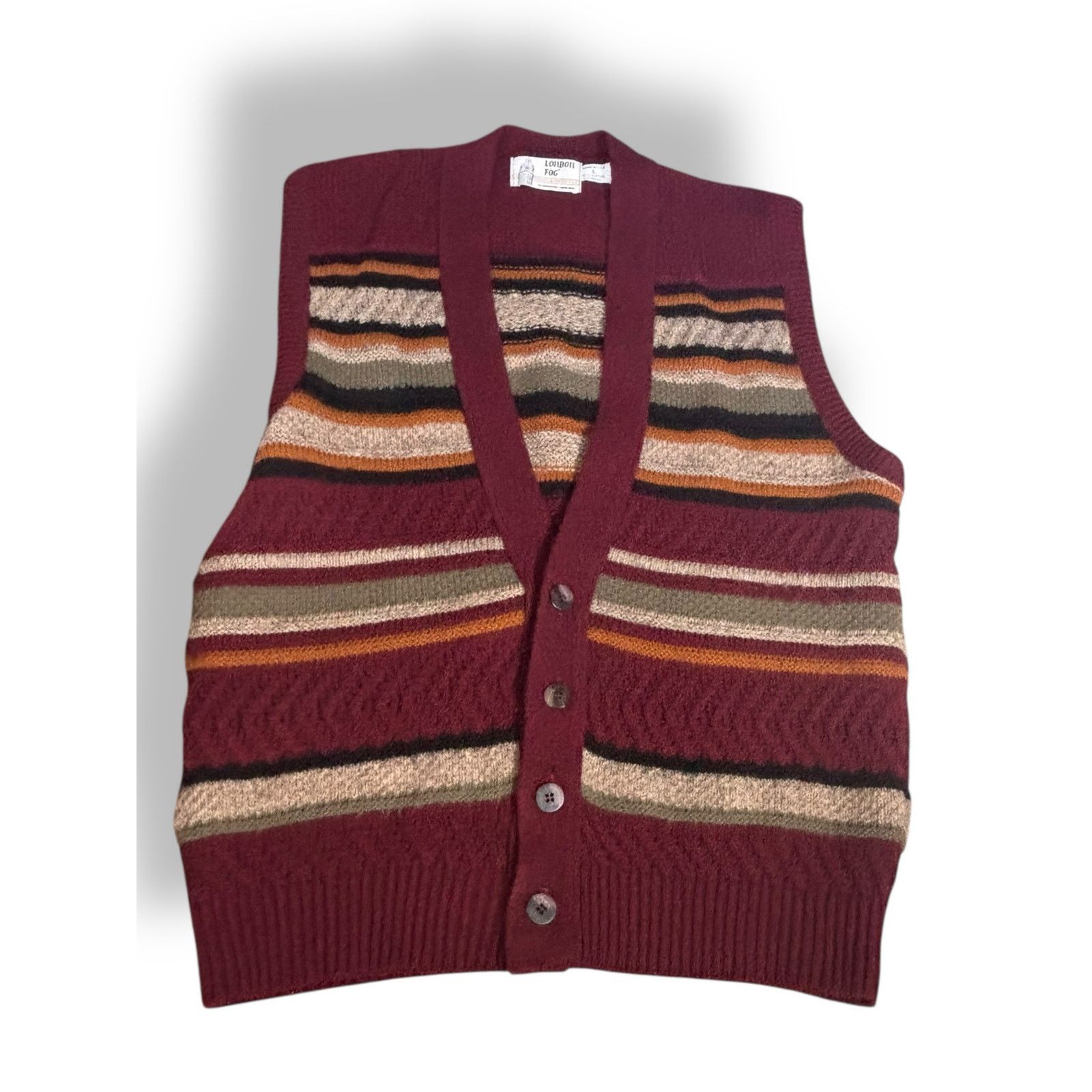 Vintage London Fog Striped Knit Sweater Vest Burgundy Unisex