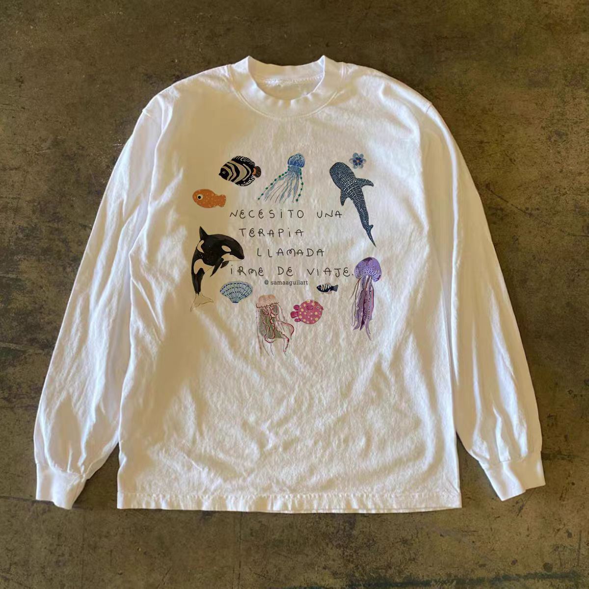 Vintage White casual retro marine life print long-sleeved t-shirt Size US M / EU 48-50 / 2 - 1 Thumbnail