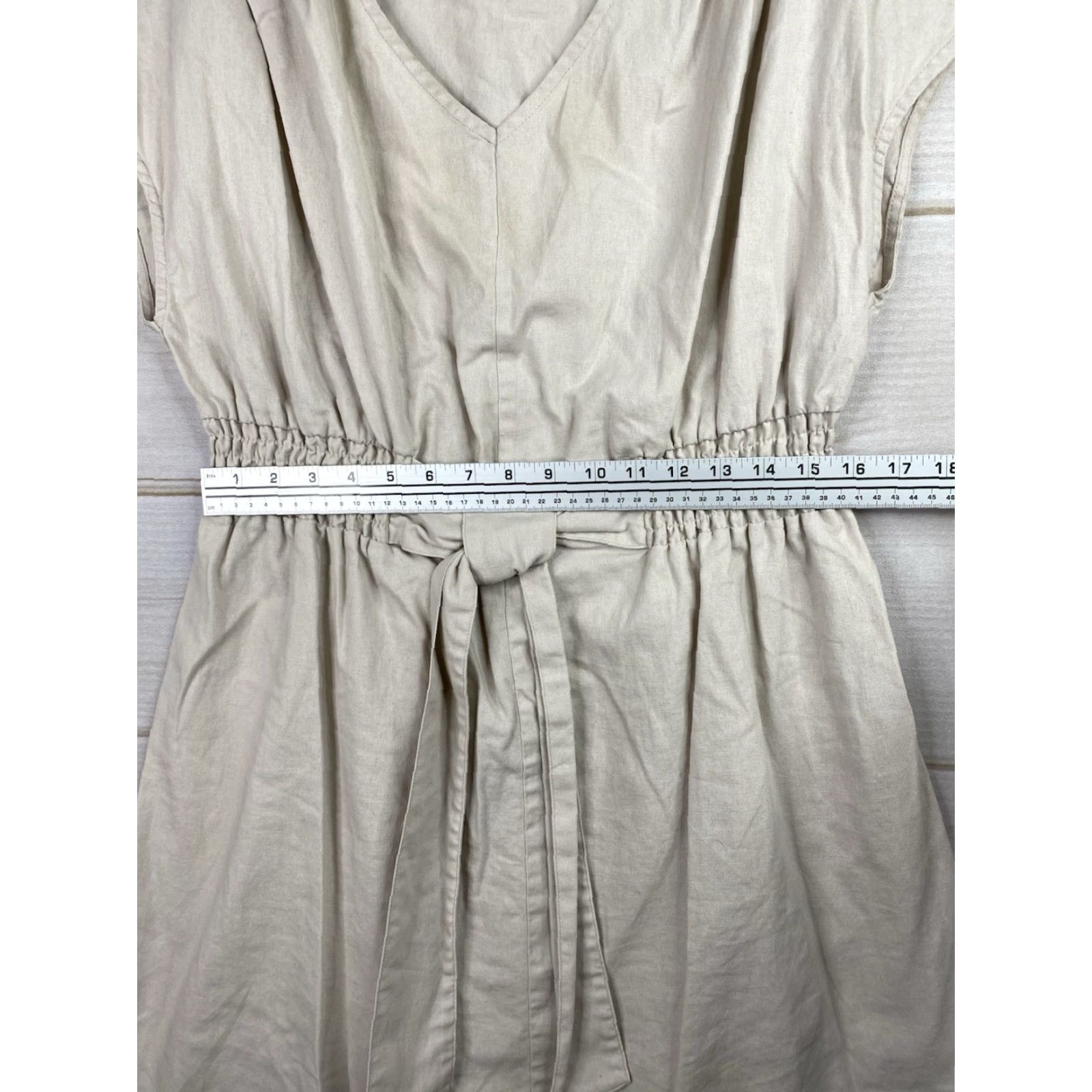 Vintage Morgan Taylor Dress Womens L Beige Linen Blend Elastic Waist Tie V Neck Midi Shirt Size L / US 10 / IT 46 - 6 Thumbnail
