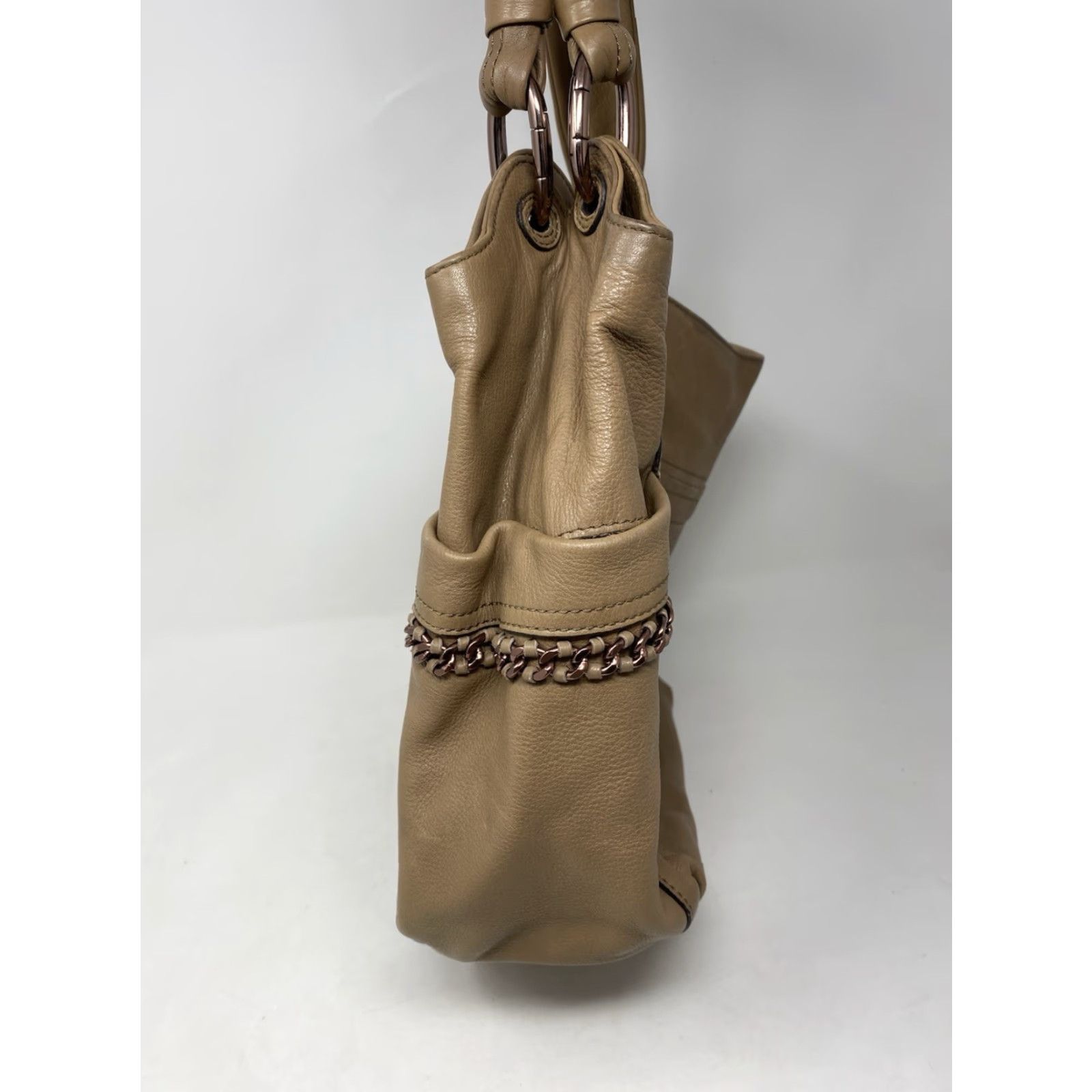 Vintage B. Makowsky Handbag Tan Soft Leather Shoulder Bag Chain Detail Snake Print Tote Size ONE SIZE - 3 Thumbnail