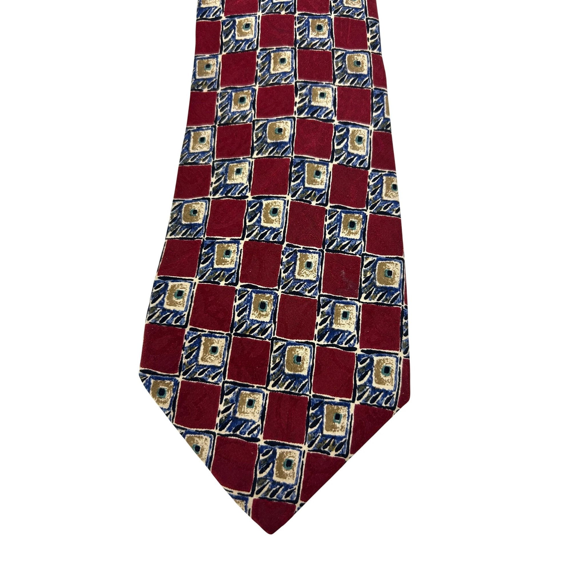 Other Today’s Man Silk Tie Vtg 90s Italy Geometric Checkered Burgu Size ONE SIZE - 1 Thumbnail