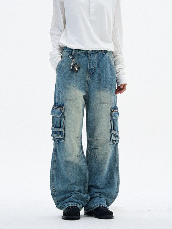 High street distressed straight-leg multi-pocket cargo jeans