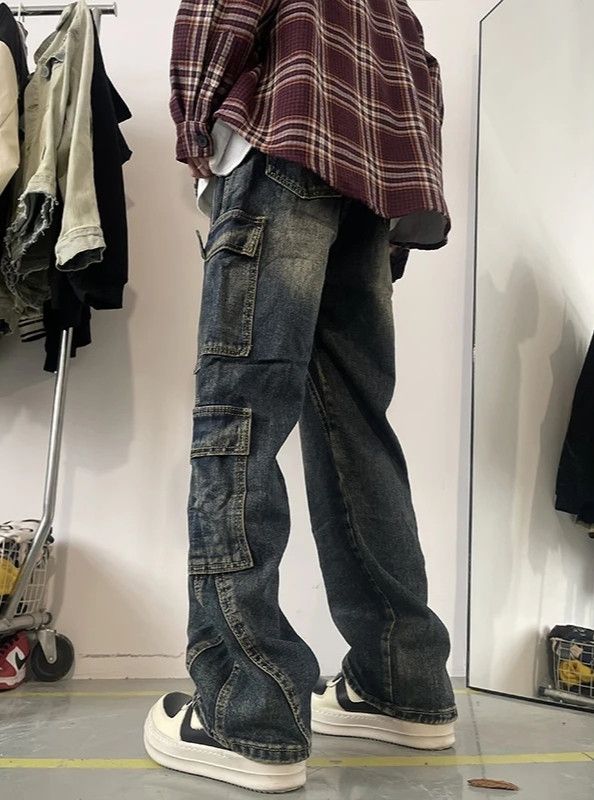 Patchwork Blue Cargo Jeans Multi-pockets