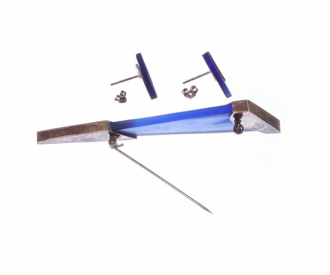 Designer Sterling Silver and Geometric Blue Beach Glass Pin Earrings Size ONE SIZE - 2 Thumbnail
