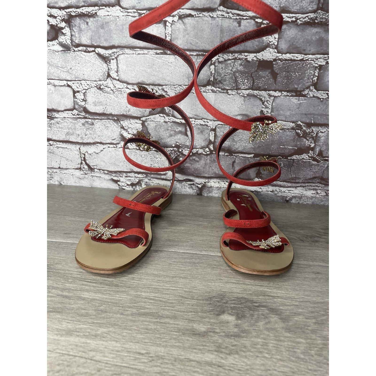 Other Mastro Domenico Red Leather Butterfly Rhinestone Wrap Around Size US 7.5 / IT 37.5 - 17 Thumbnail
