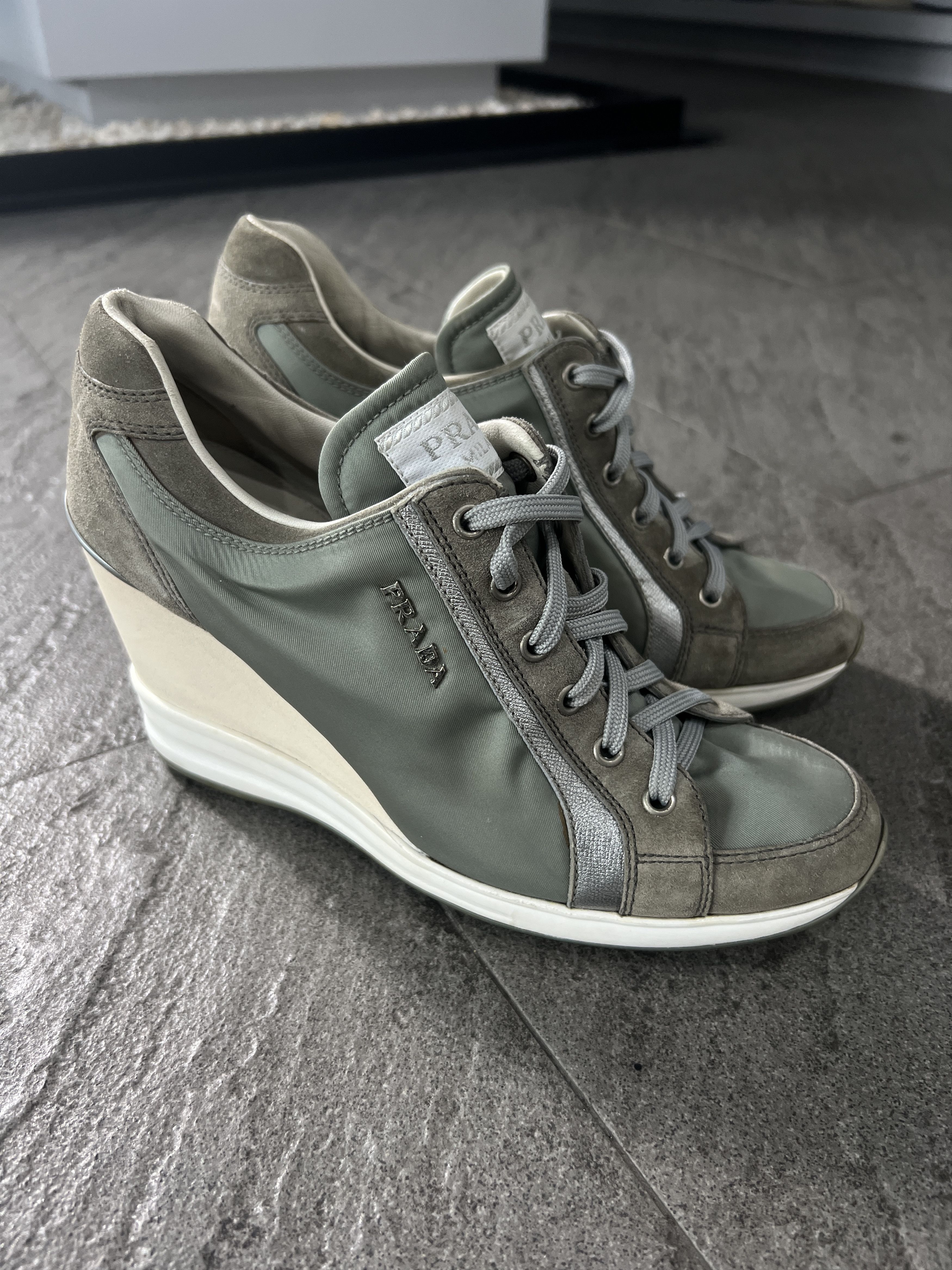 Prada Prada Nylon Suede Wedge Sneakers Sage Green EU37 Size US 7 / IT 37 - 1 Thumbnail