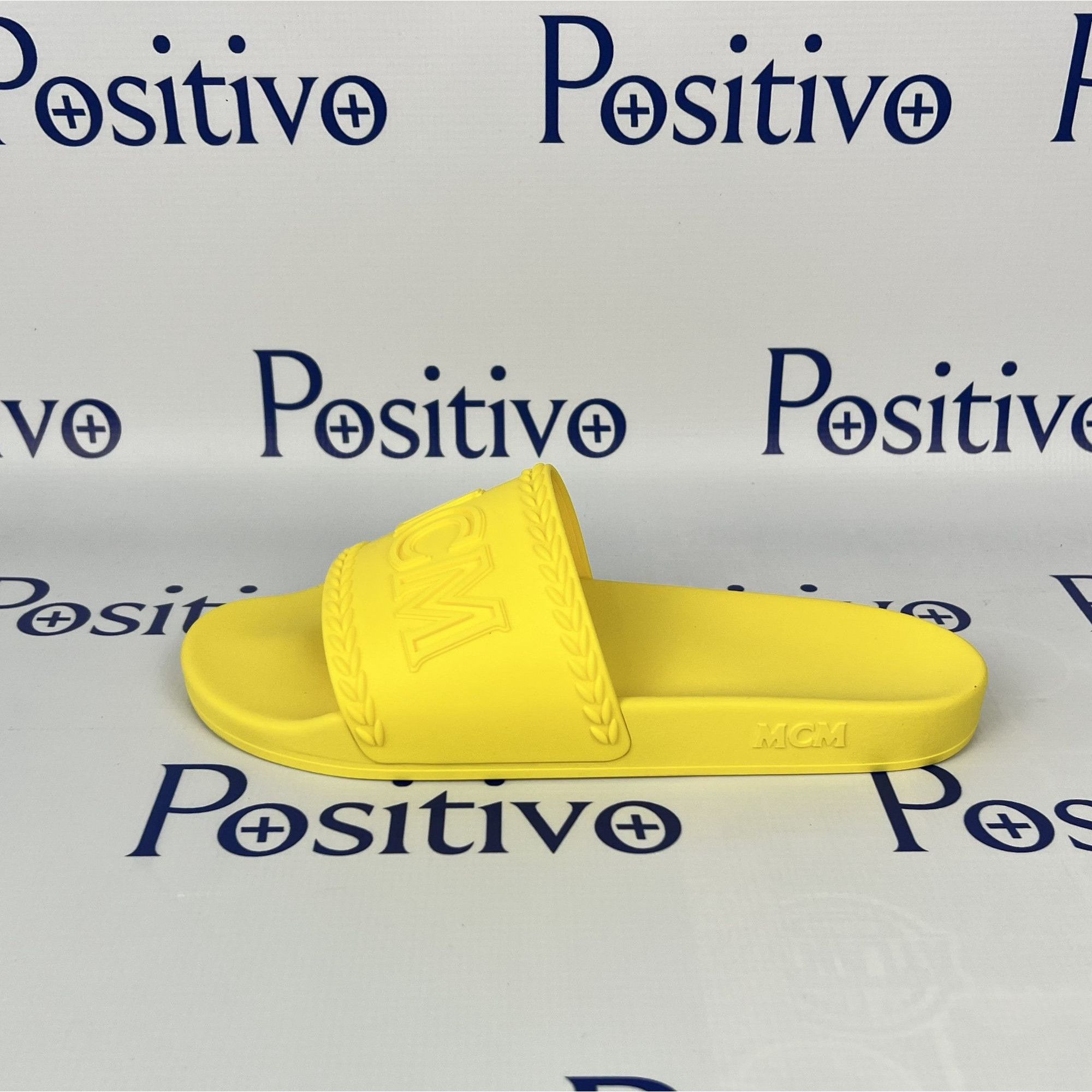 image of MCM Mens Yellow Big Logo Rubber Slides Us 11 Eu 44