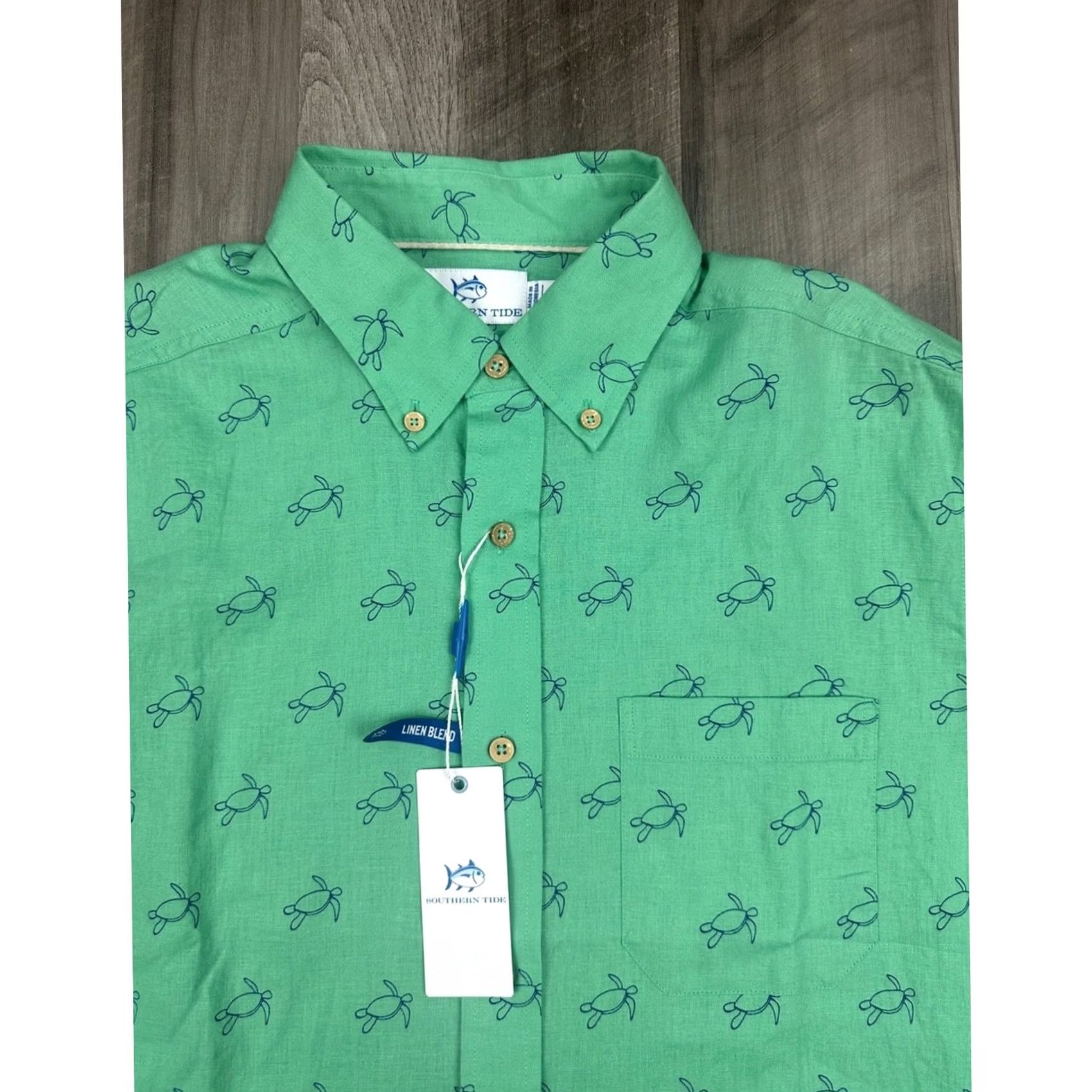 Southern Tide Southern Tide Linen Blend Turtle Cove Short Sleeve Sport Button Down - M Jade Green Men Shirts Mens Size US 31 - 5 Thumbnail
