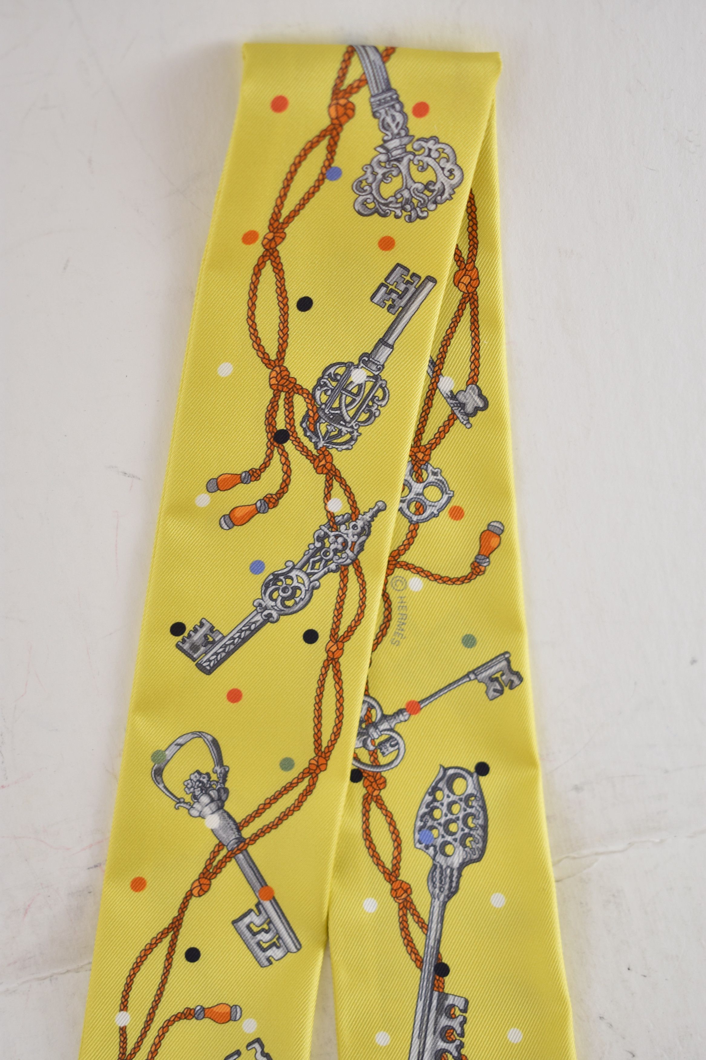 Hermes Scarf Twilly Fringe Leather Les Cles A Pois Jaune Argent Vif Size ONE SIZE - 10 Thumbnail