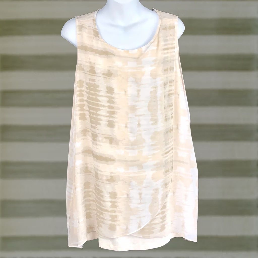 Halston Halston Sleeveless Flowy Chiffon Top 1X Beige Geometric Layered Split Front Tank Size XL / US 12-14 / IT 48-50 - 1 Thumbnail