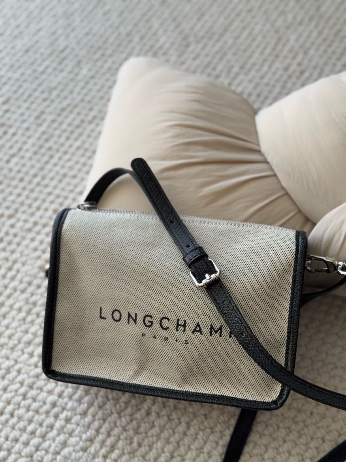 Longchamp Canvas Crossbody Bag Black Leather Trim in Beige, Men's