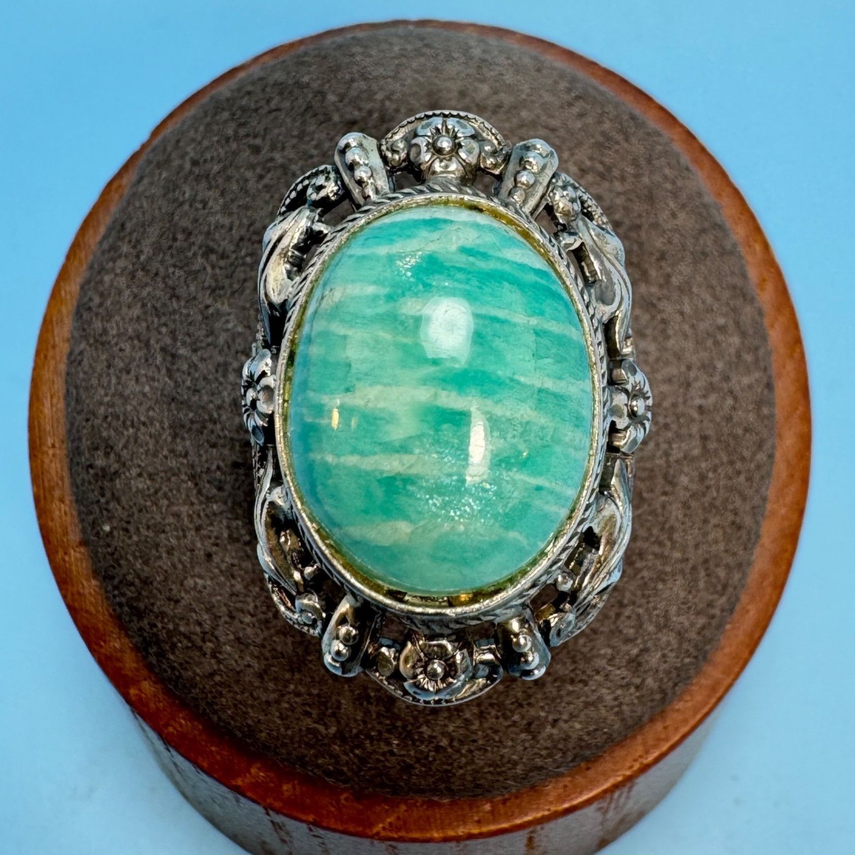 Vintage Sterling Silver 925 Amazonite Bezel Set Floral Border Statem Size ONE SIZE - 1 Thumbnail