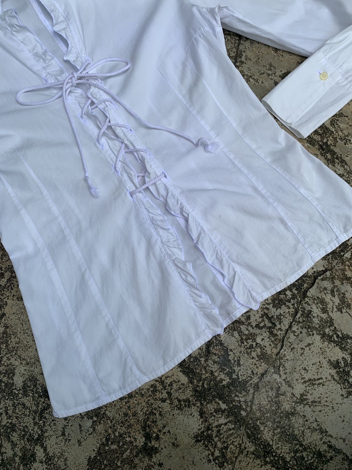 MAX&Co. Max&CO Italy Lace up White Ruffle Fitted Shirt Size L / US 10 / IT 46 - 6 Thumbnail