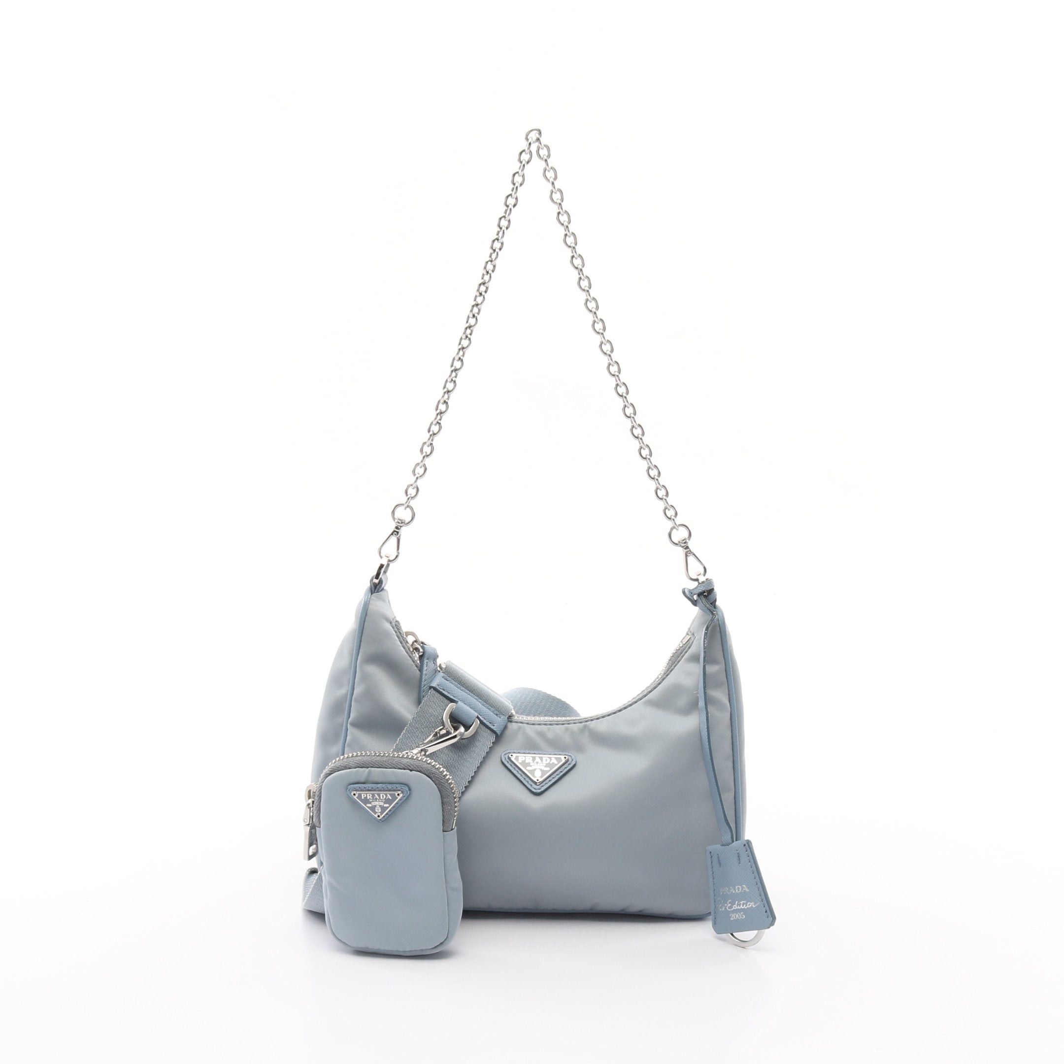 Prada Re-Edition 2005 Re-Nylon Chain Shoulder Bag Nylon Saffiano Leather Light Blue, Women's