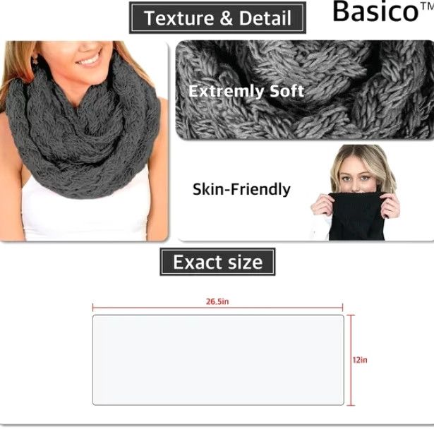 Vintage BASICO Winter Chunky Knitted Infinity Scarf Women Gray Charcoal Infinity Scarf Circle Loop Cable Warm Womens Winter Scarf Size ONE SIZE - 5 Thumbnail