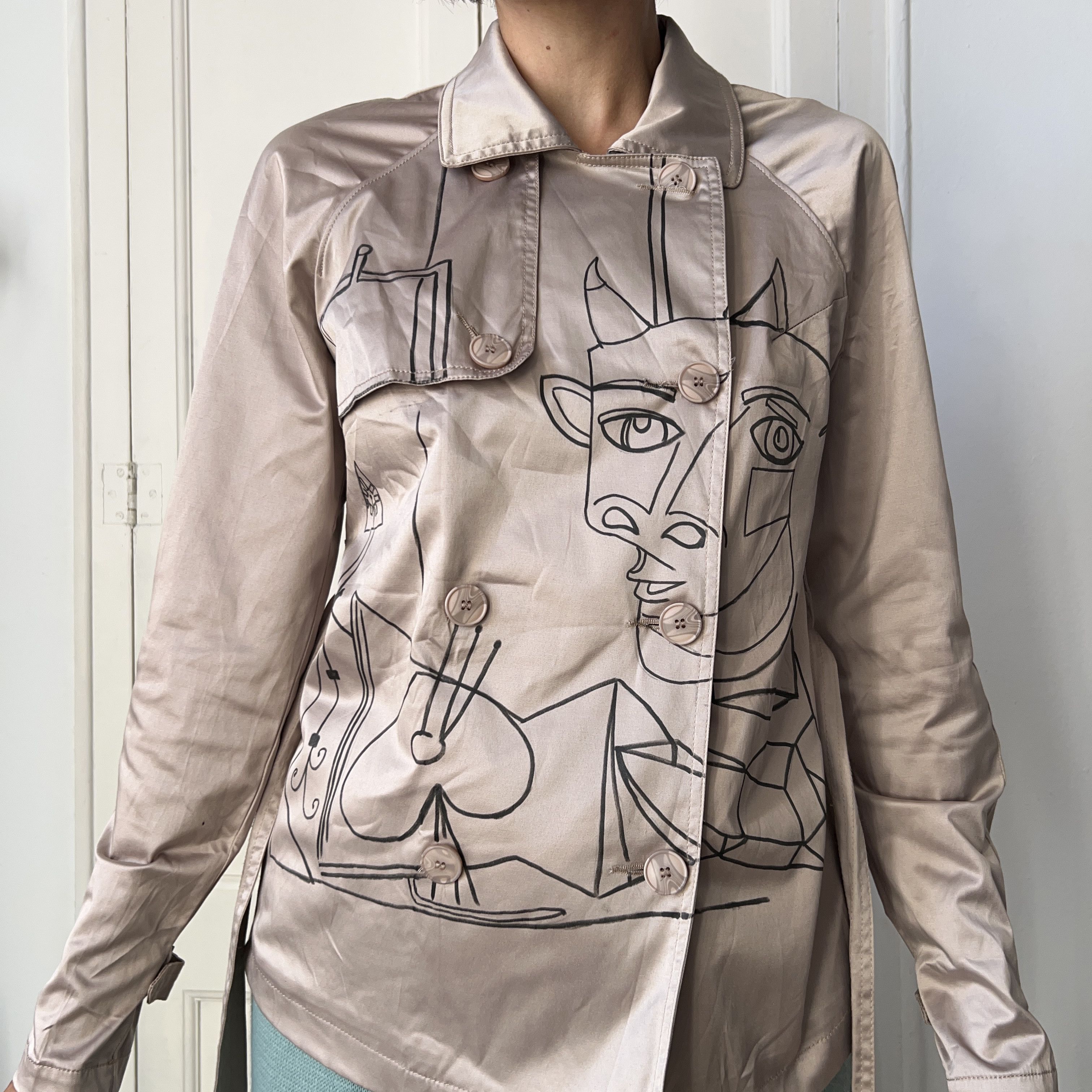 Other Hand Painted Picasso's Drawing Gold Satin Jacket Size S / US 4 / IT 40 - 8 Thumbnail