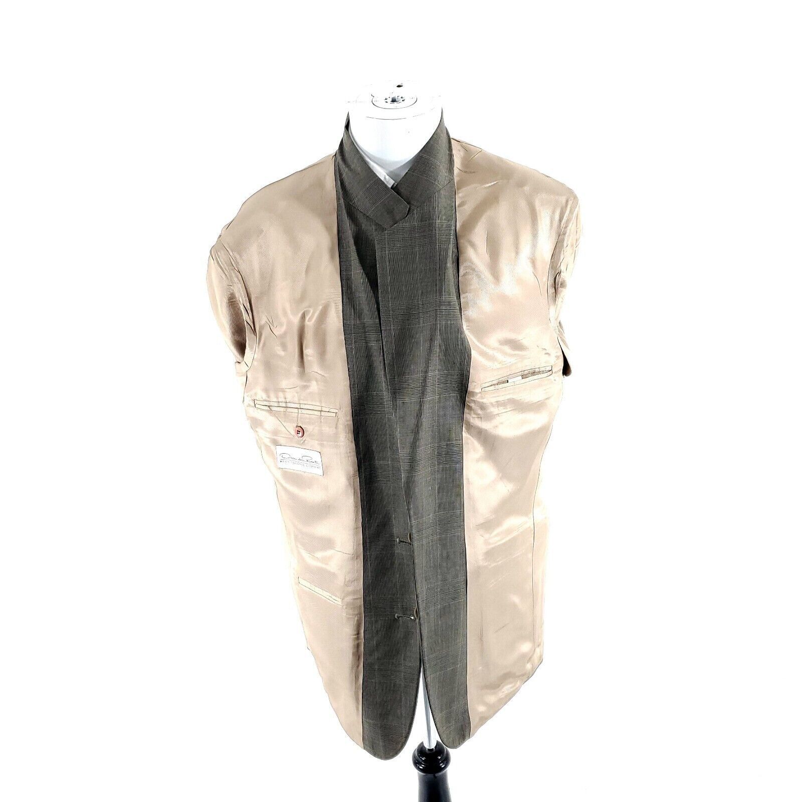 Oscar De La Renta Oscar De La Renta Wool 2 Button Blazer 42L Beige Plaid Green Size 42L - 9 Thumbnail