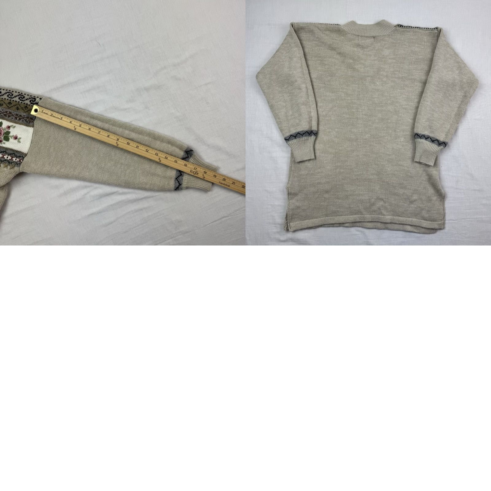Vintage VINTAGE Dana Scott Sweater Womens Medium Fall Geometric Knit Pockets Flowers 90s Y2K Beige Pullover L/S V-Neck Size M / US 6-8 / IT 42-44 - 9 Thumbnail