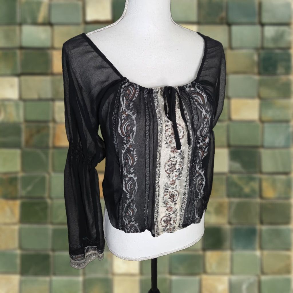 Vintage VINTAGE VERO MODA Blouse Shirt Womens Small Black Paglish Paisley Witchy Bohemian Sheer Bell Sleeve Top Blouse Size S / US 4 / IT 40 - 1 Thumbnail