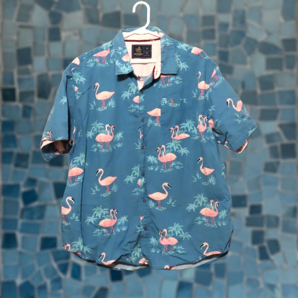 Vintage Rugby University Button-Up Shirt XL Adult Men Pink Flamingo Hawaiian Camp Casual Short Sleeve Blue 100% Cotton Button-Down Collar Size US XL / EU 56 / 4 - 1 Thumbnail