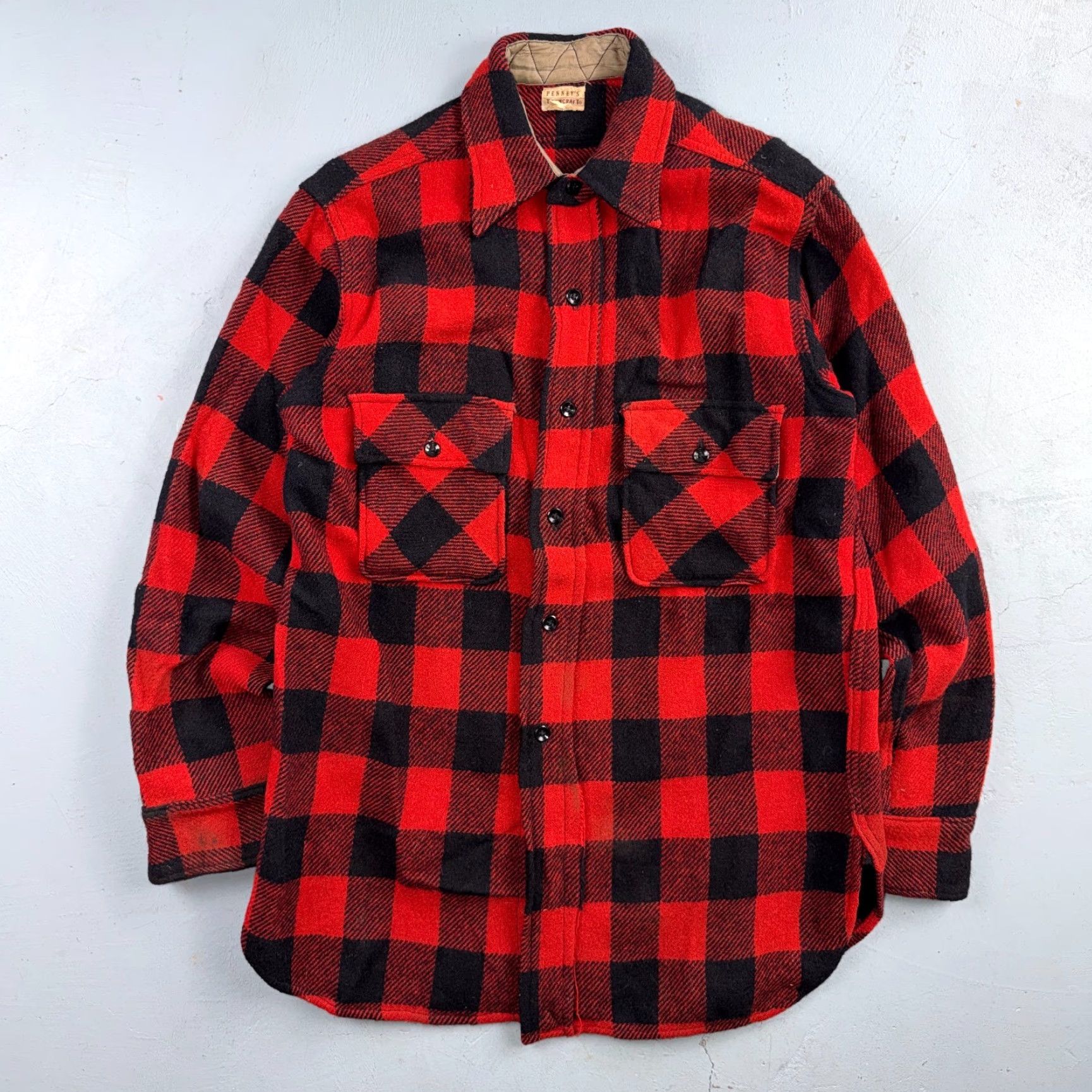 JCPenney VINTAGE Penneys Jacket Plaid Wool Buffalo Red Black 1940s 40s 50s Shirt Parka Men M Wool Size US M / EU 48-50 / 2 - 2 Thumbnail