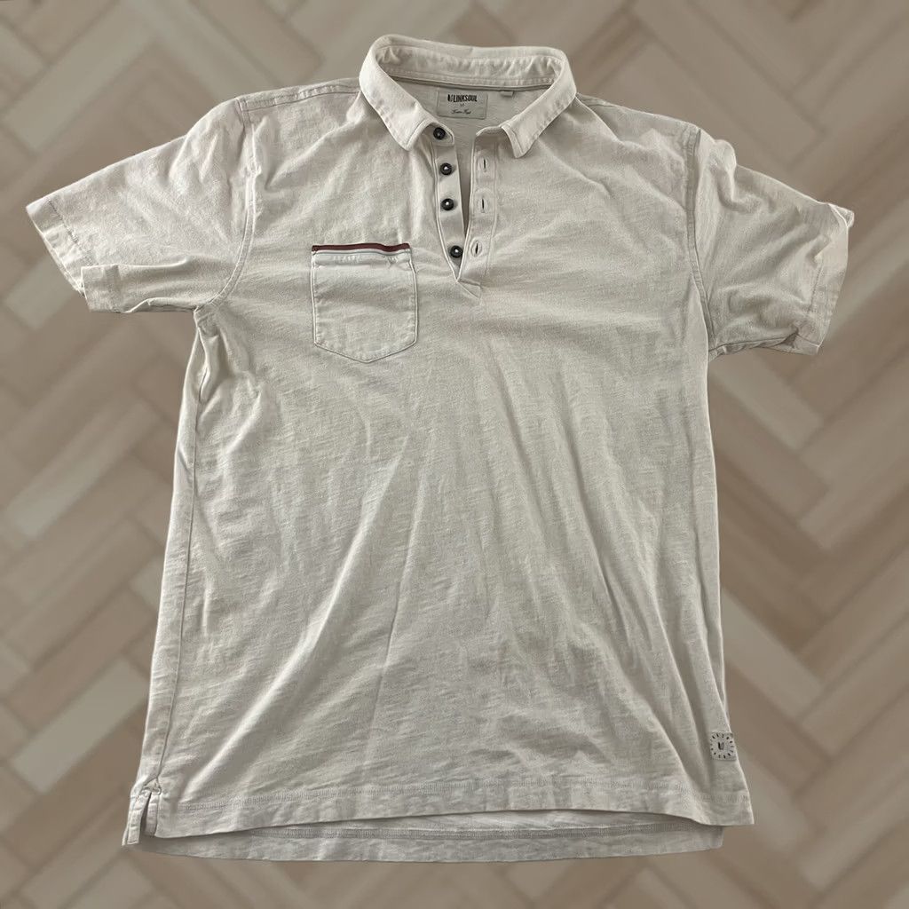 Vintage Linksoul Short Sleeve Button-Up Polo Shirt Mens M Beige Pocket Shirt Size US M / EU 48-50 / 2 - 1 Thumbnail