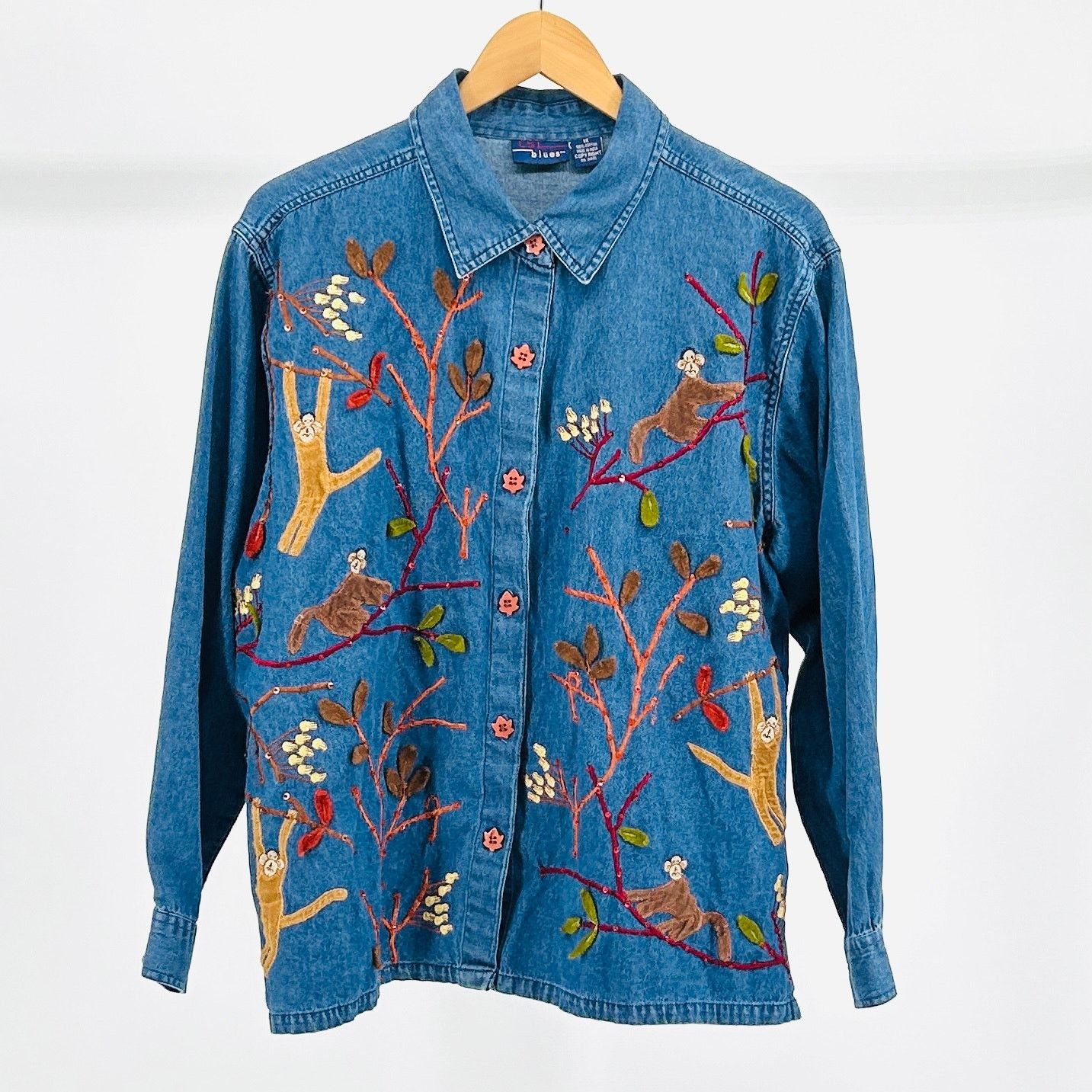 Vintage 90s Oversized Dark Blue Denim Button Down with Felt Monkeys Size XL / US 12-14 / IT 48-50 - 1 Thumbnail