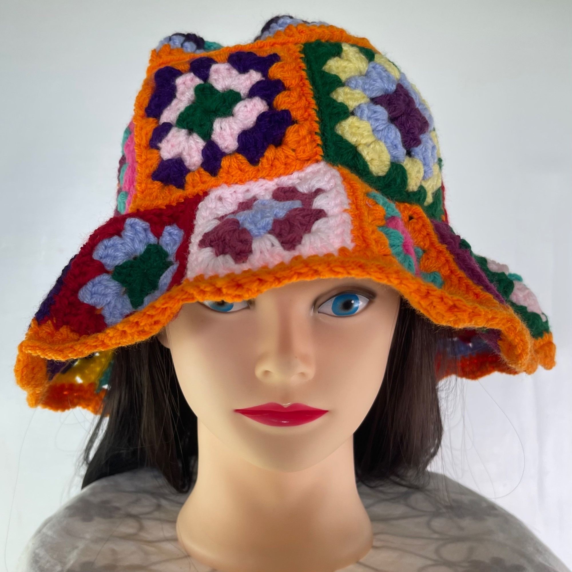 Handmade Crochet Bucket Hat Granny Square Pattern Multicolored Adult Size ONE SIZE - 1 Thumbnail
