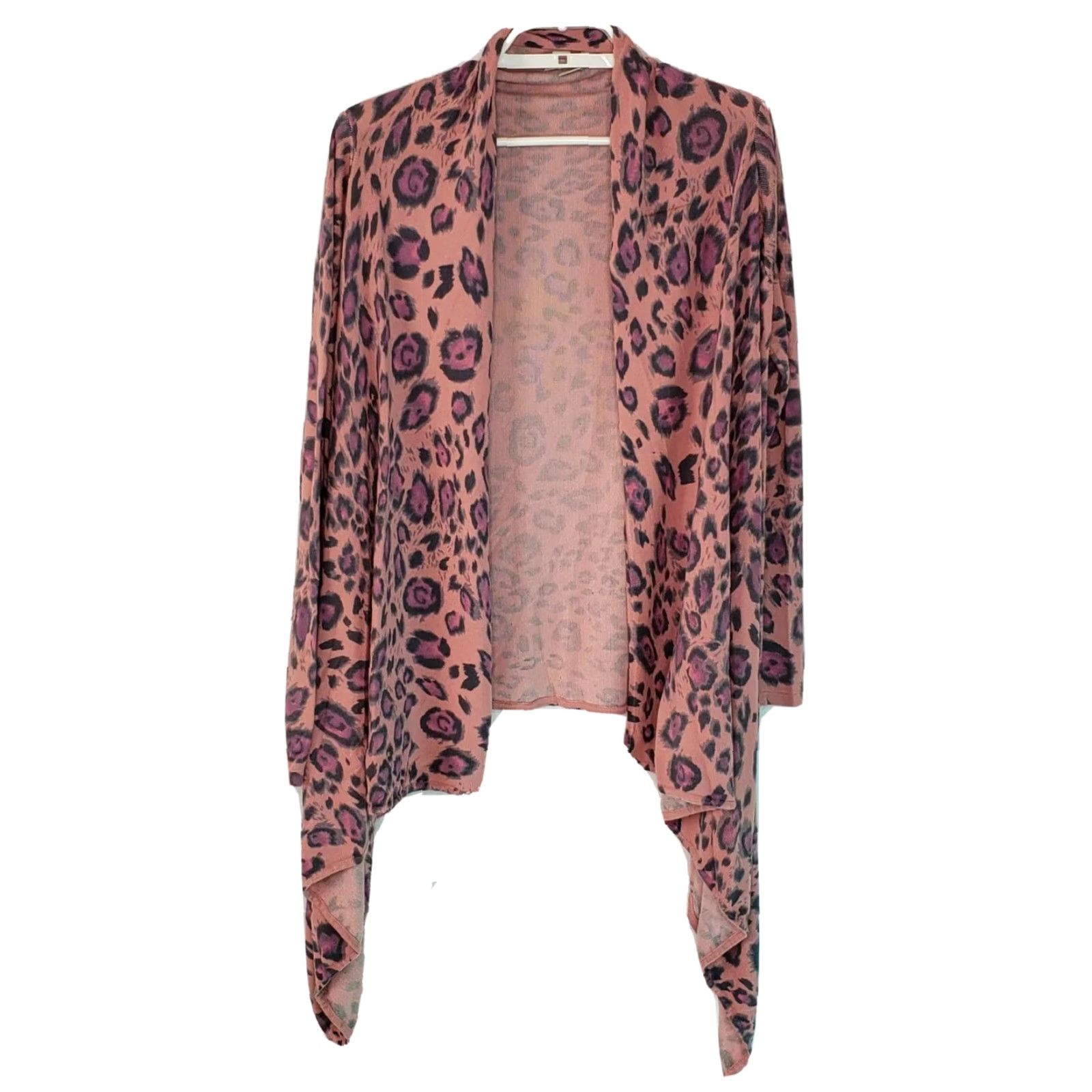 Boston Proper Boston Proper Open Front Sweater Cardigan XS Women Pink Leopard Asymmetrical Hem Long Sleeve Open Front Knit Shirt Size XS / US 0-2 / IT 36-38 - 2 Thumbnail