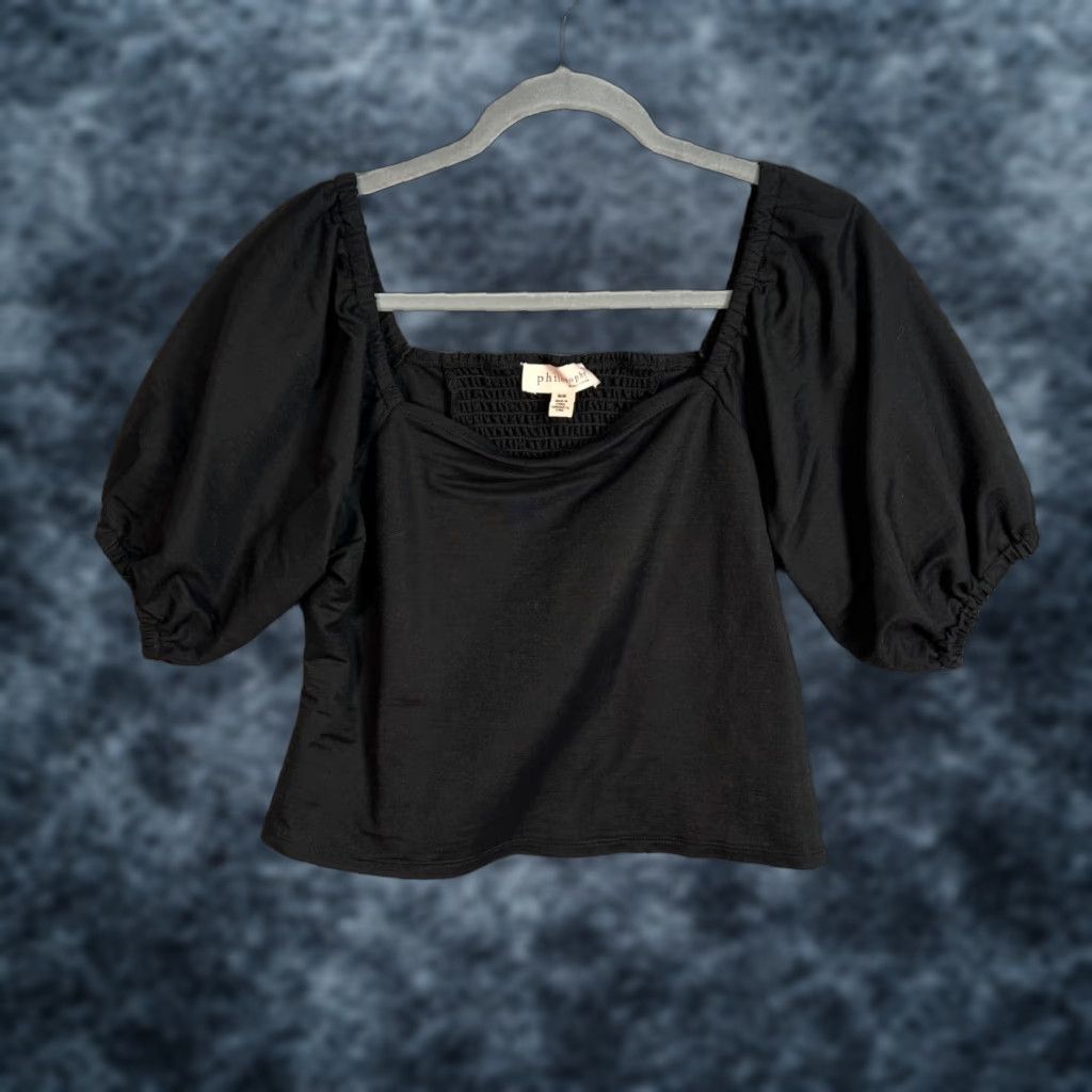 Vintage Philosophy Womens Size Medium Black Puff Sleeve Smocked Back Top Shirt Womens Medium Black Puff Sleeve Smocked Back Top Size M / US 6-8 / IT 42-44 - 1 Thumbnail