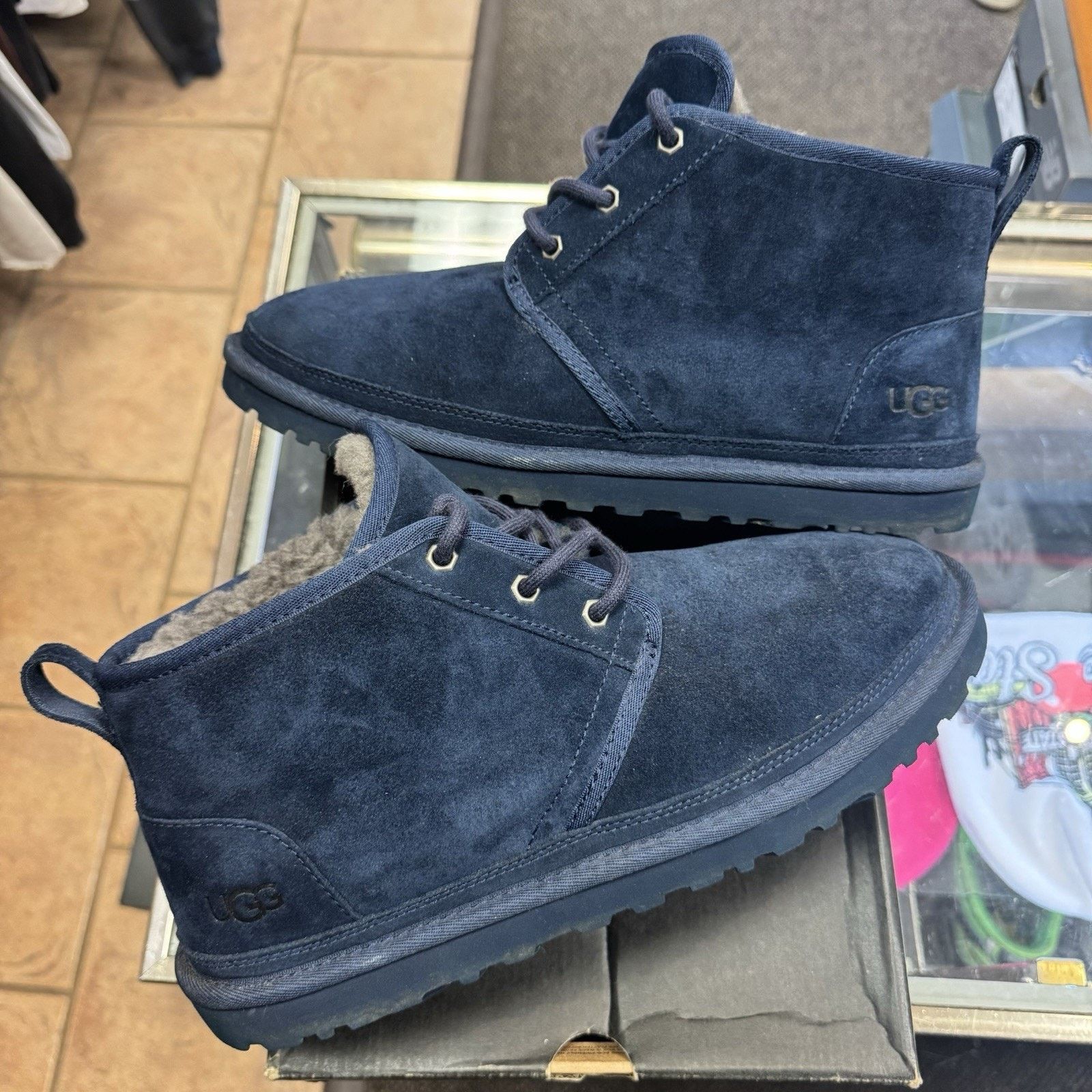 Ugg Neumel Mens Size 11 Blue Suede Fur Lined Ankle Chukka