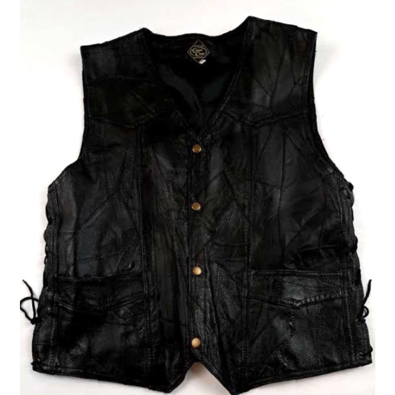 Vintage VINTAGE Canyon Creek Black Leather Vest - Side Laces, Full Brass Snap Button, 26in Long, Men's Medium, Motorcycle Biker Style, Pockets, Fall Size US M / EU 48-50 / 2 - 6 Thumbnail