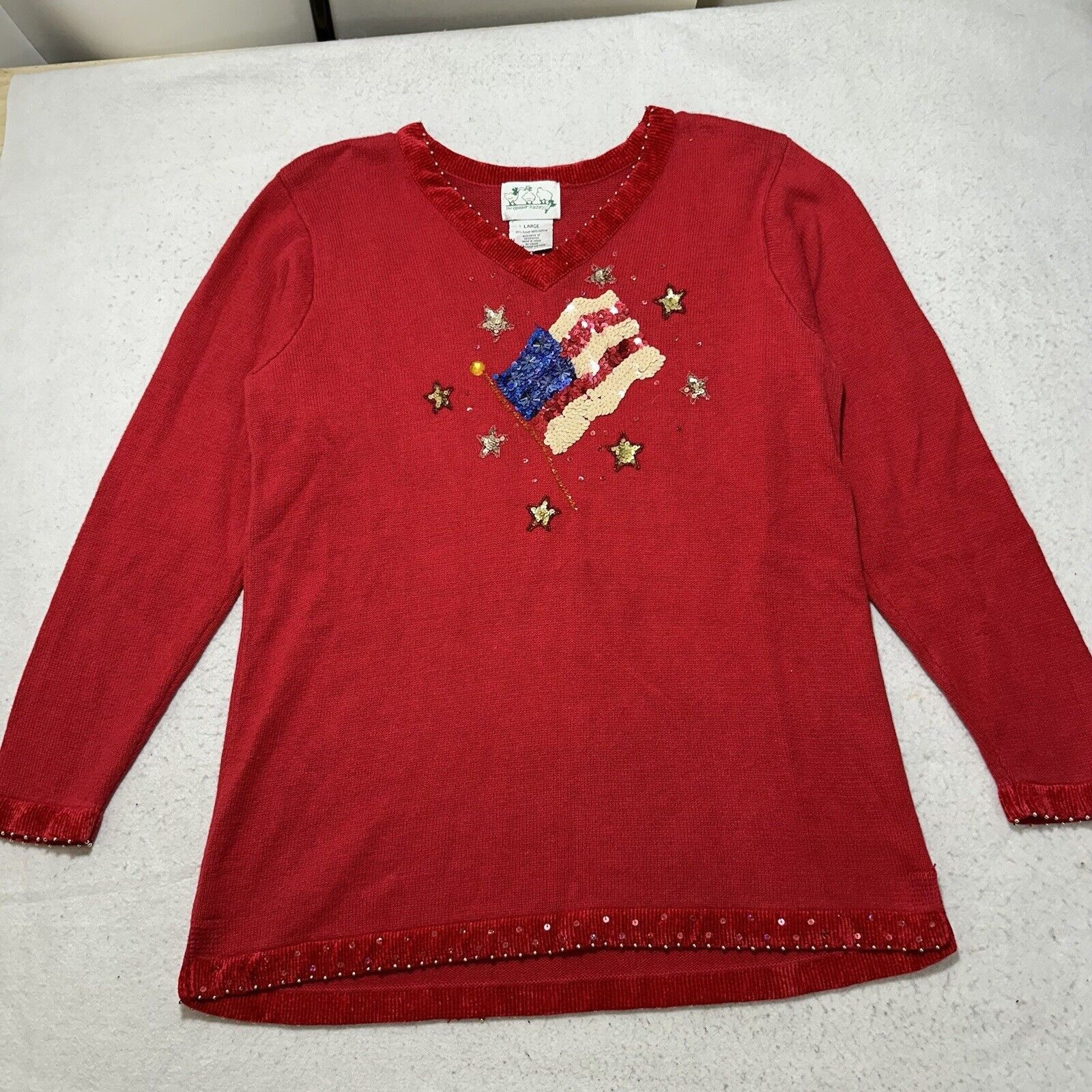 Other Vintage Quacker Factory Large V-Neck Sweater American Flag Size L / US 10 / IT 46 - 1 Thumbnail