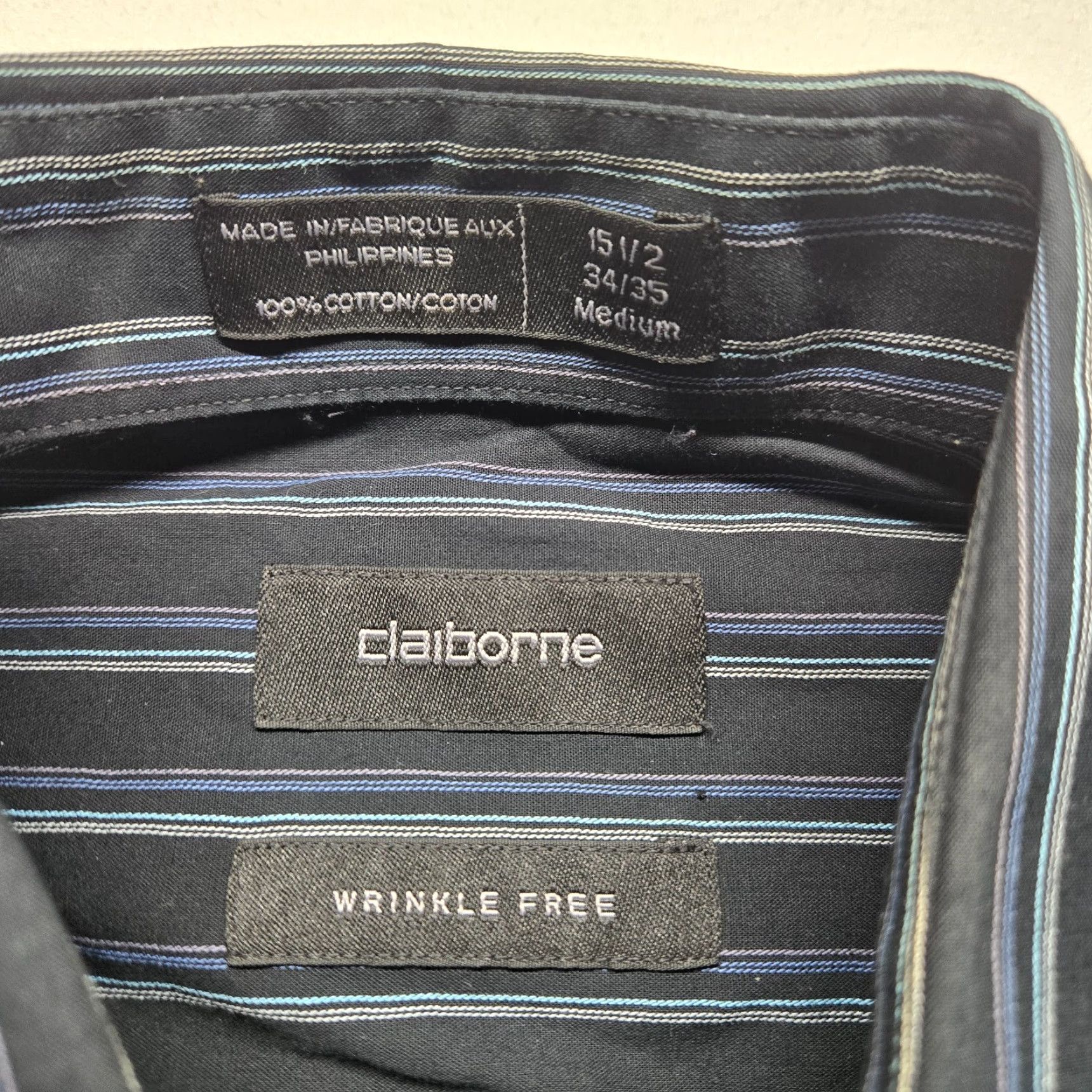 Liz Claiborne Claiborne Shirt Striped Button-Up Long Sleeve Men 15.5 32/33 Black Cotton Casual Size US L / EU 52-54 / 3 - 3 Thumbnail