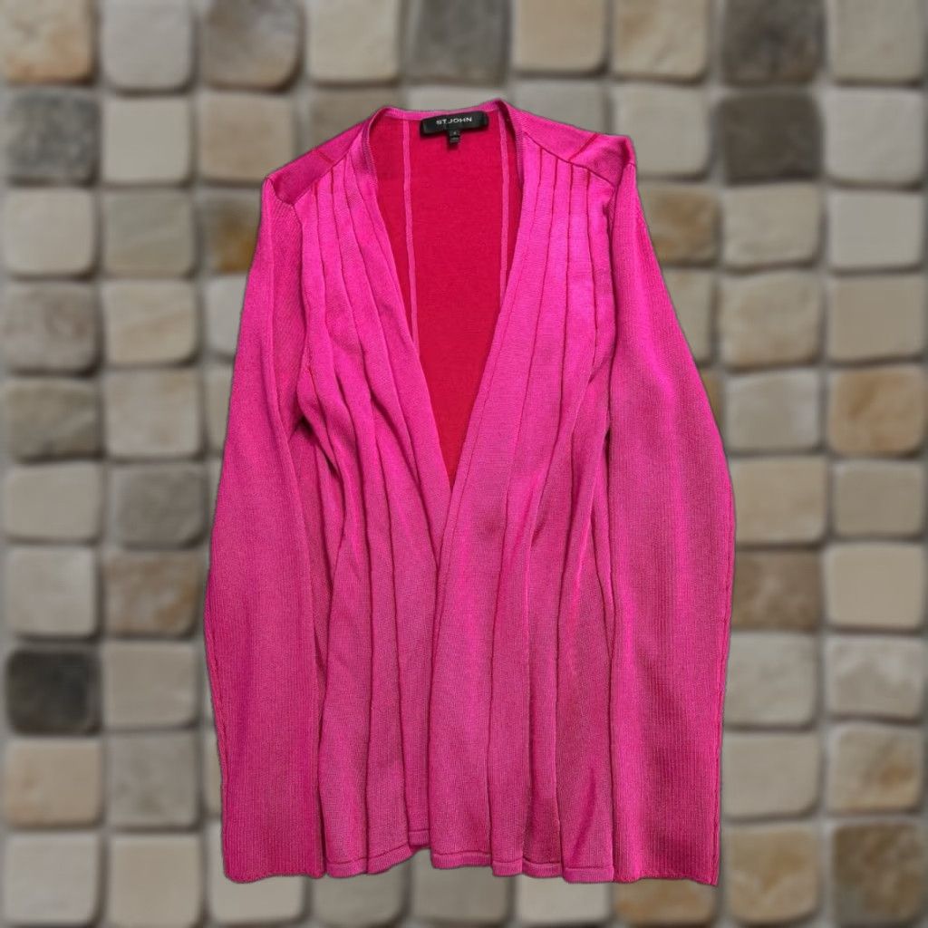 St. John St John Cardigan Sweater Womens Small Pink Striped Tight Knit Open Front Size S / US 4 / IT 40 - 1 Thumbnail