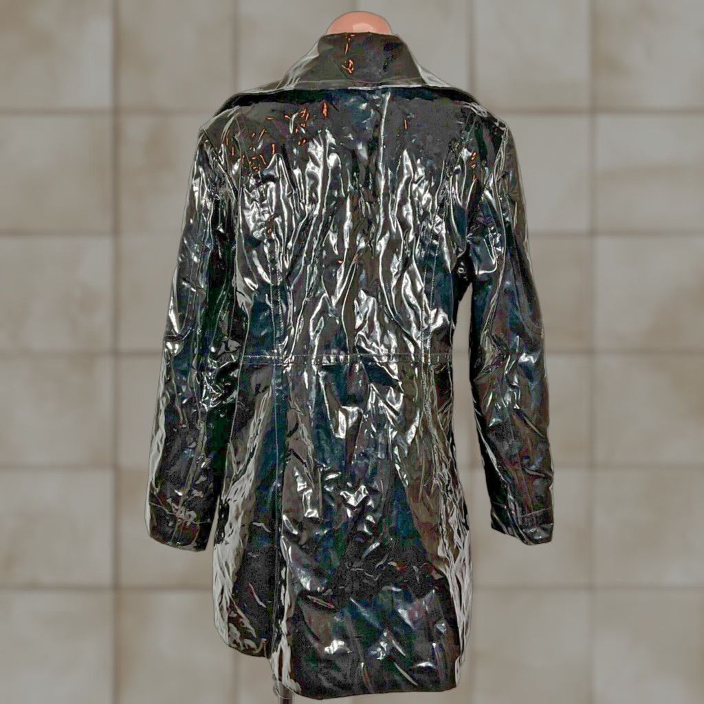 VTG Mossimo Trench Coat Women Black Faux Patent Leather Vinyl EUC 90s Gothic 90s