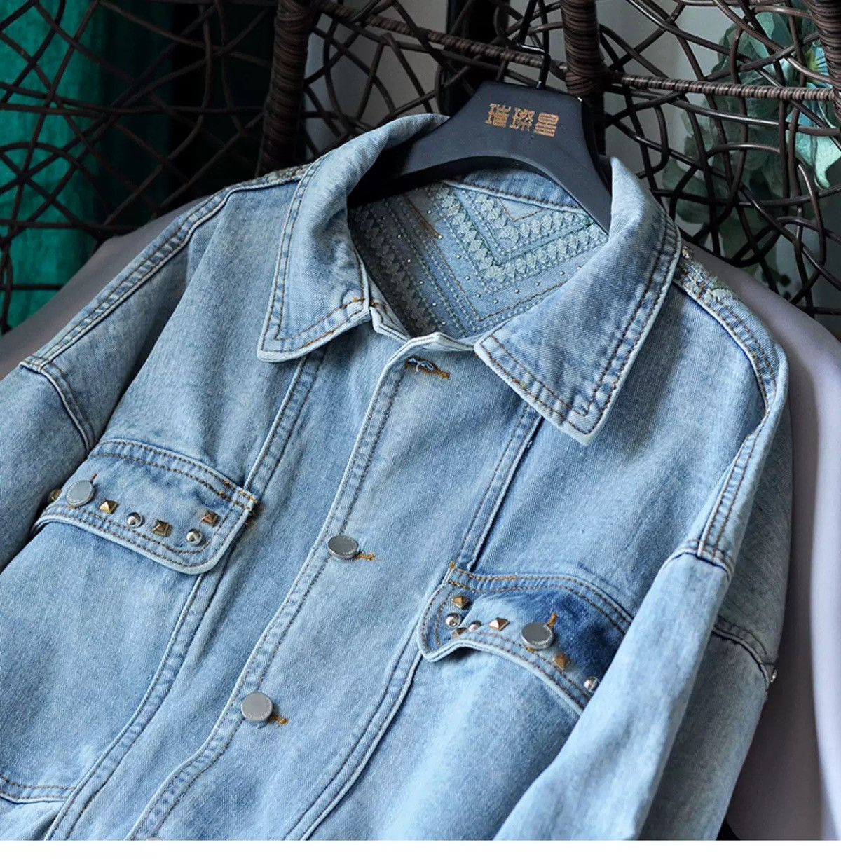 Other ✨ NEW Vintage-Style Studded Fringe Denim Jacket Size L / US 10 / IT 46 - 4 Thumbnail