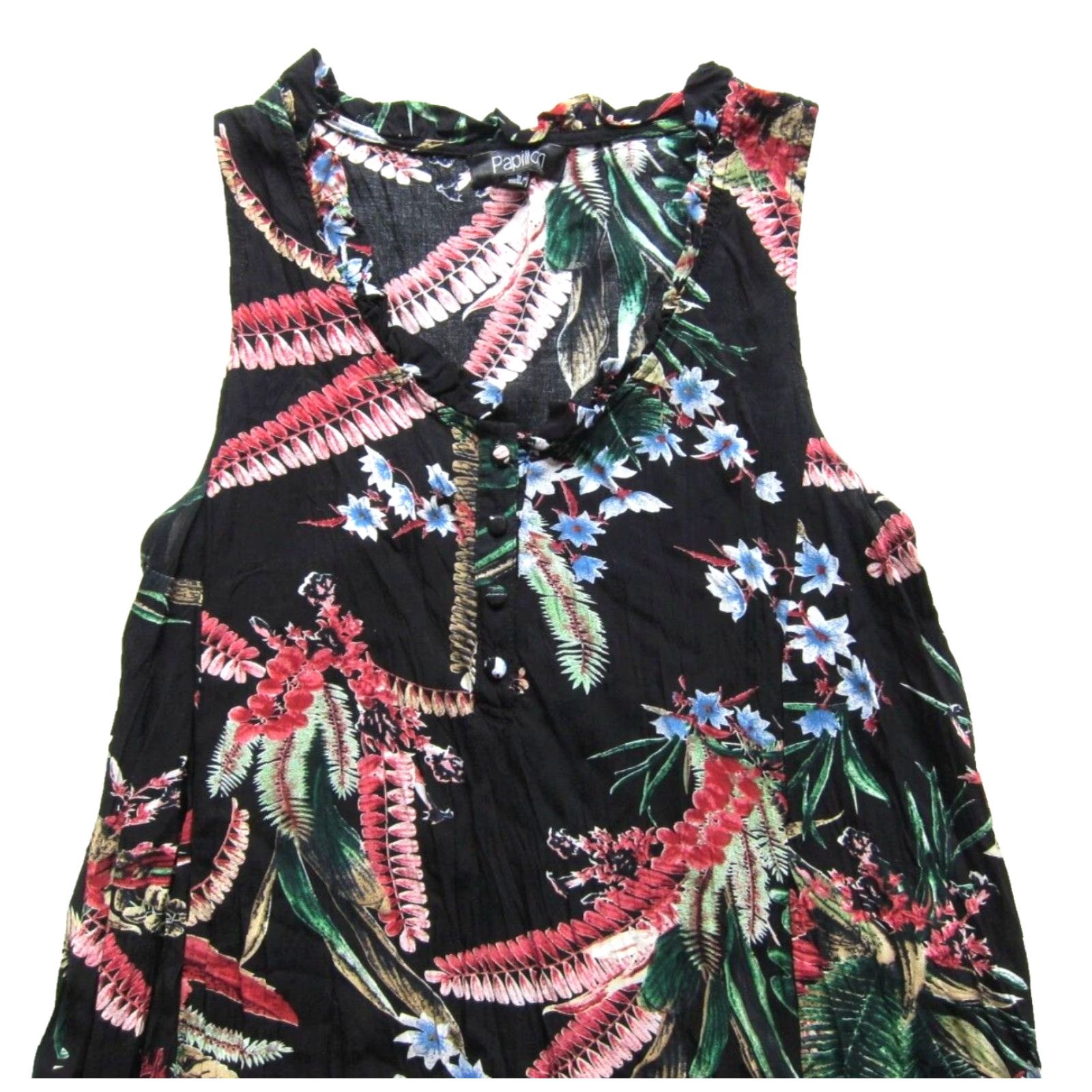 Vintage VINTAGE Papillon 100% Rayon Black Green Pink Floral Sleeveless Ruffle Tank Sun Dress Small Size S / US 4 / IT 40 - 4 Thumbnail
