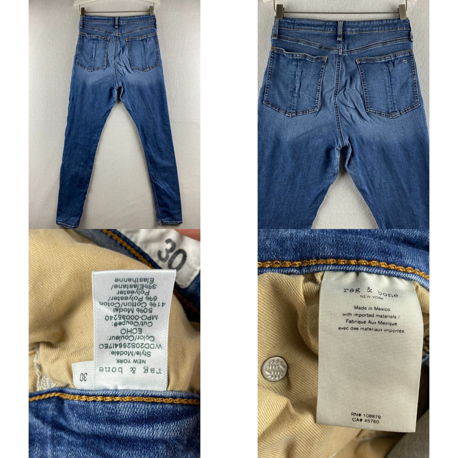 Rag & Bone rag & bone Nina Jeans Womens 30 High-Rise Skinny Stretch Denim Distressed Blue Leather Logo Embroidered Belt Loops 5-Pocket Modern Size 30" / US 8 / IT 44 - 8 Thumbnail