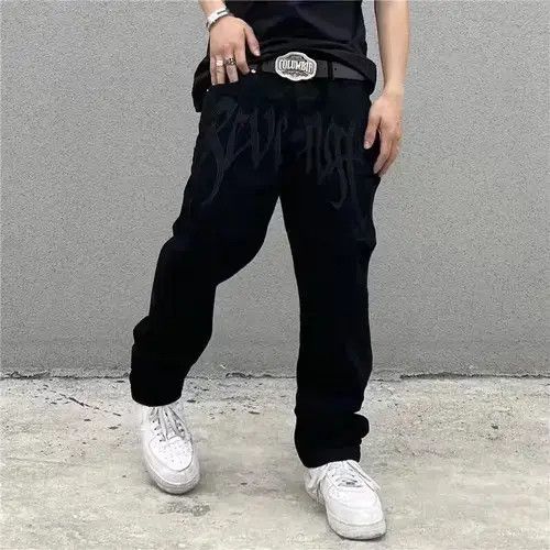 Other Retro Black Embroidered Letter Jeans Size US 33 - 3 Thumbnail