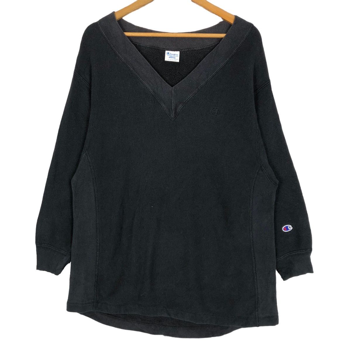 image of 70's Champion V-Neck Reverse Weave Plain Sweatshirt in Black, Women's (Size Medium)
